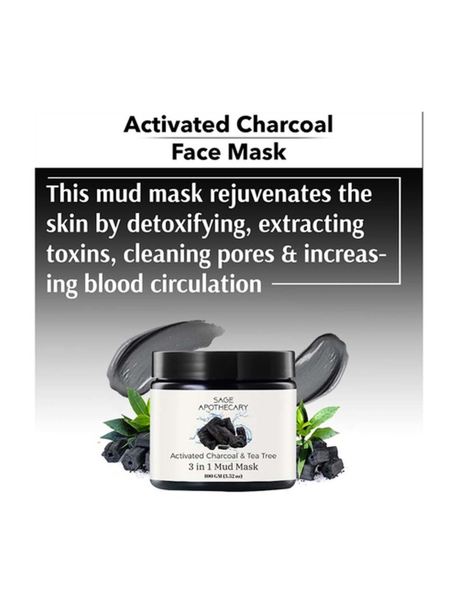 Sage Apothecary Activated Charcoal & Tea Tree 3 in 1 Mud Mask - 100 gm