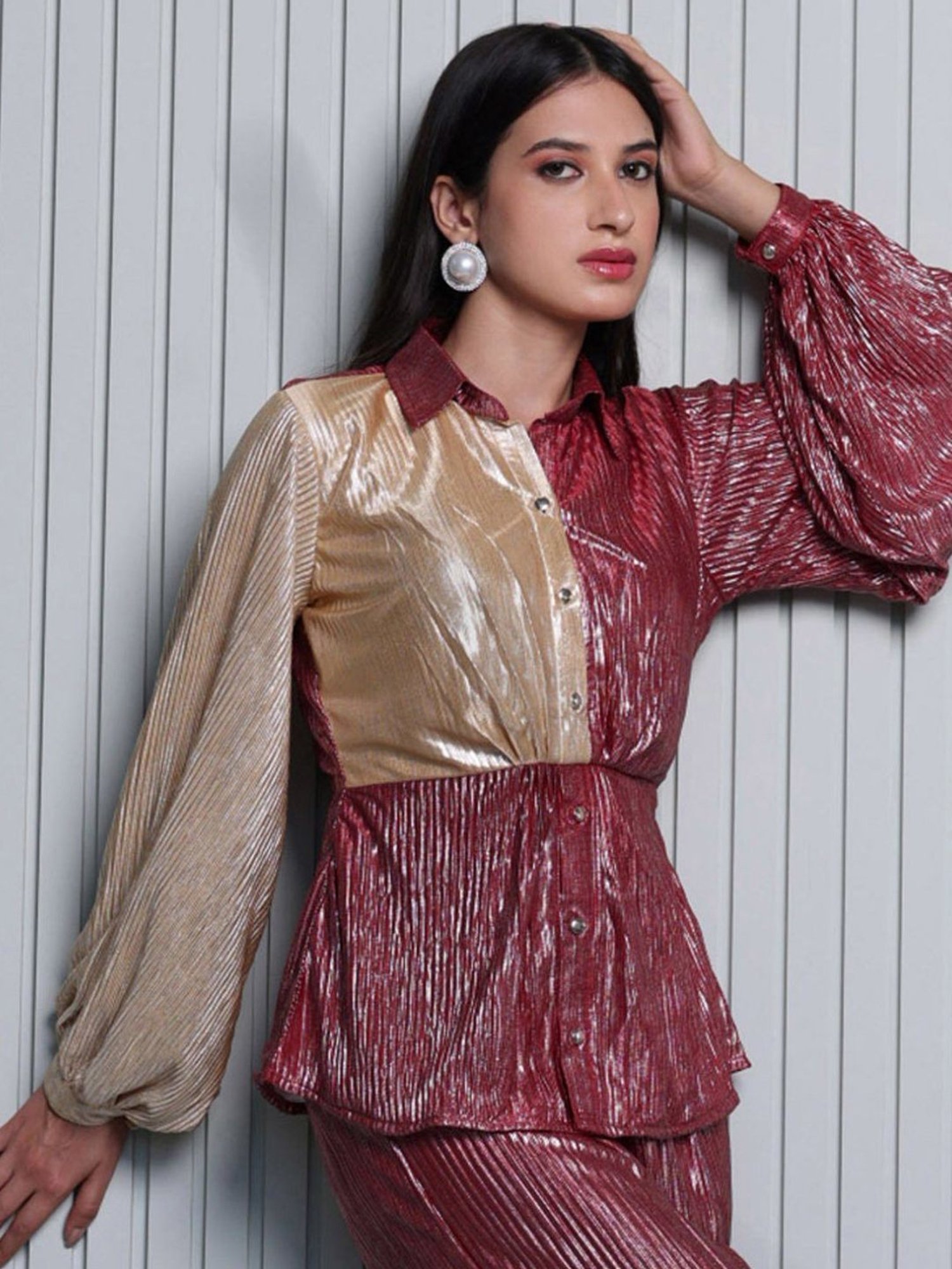 BInfinite Metallic Gold Garnet Pleated Shirt