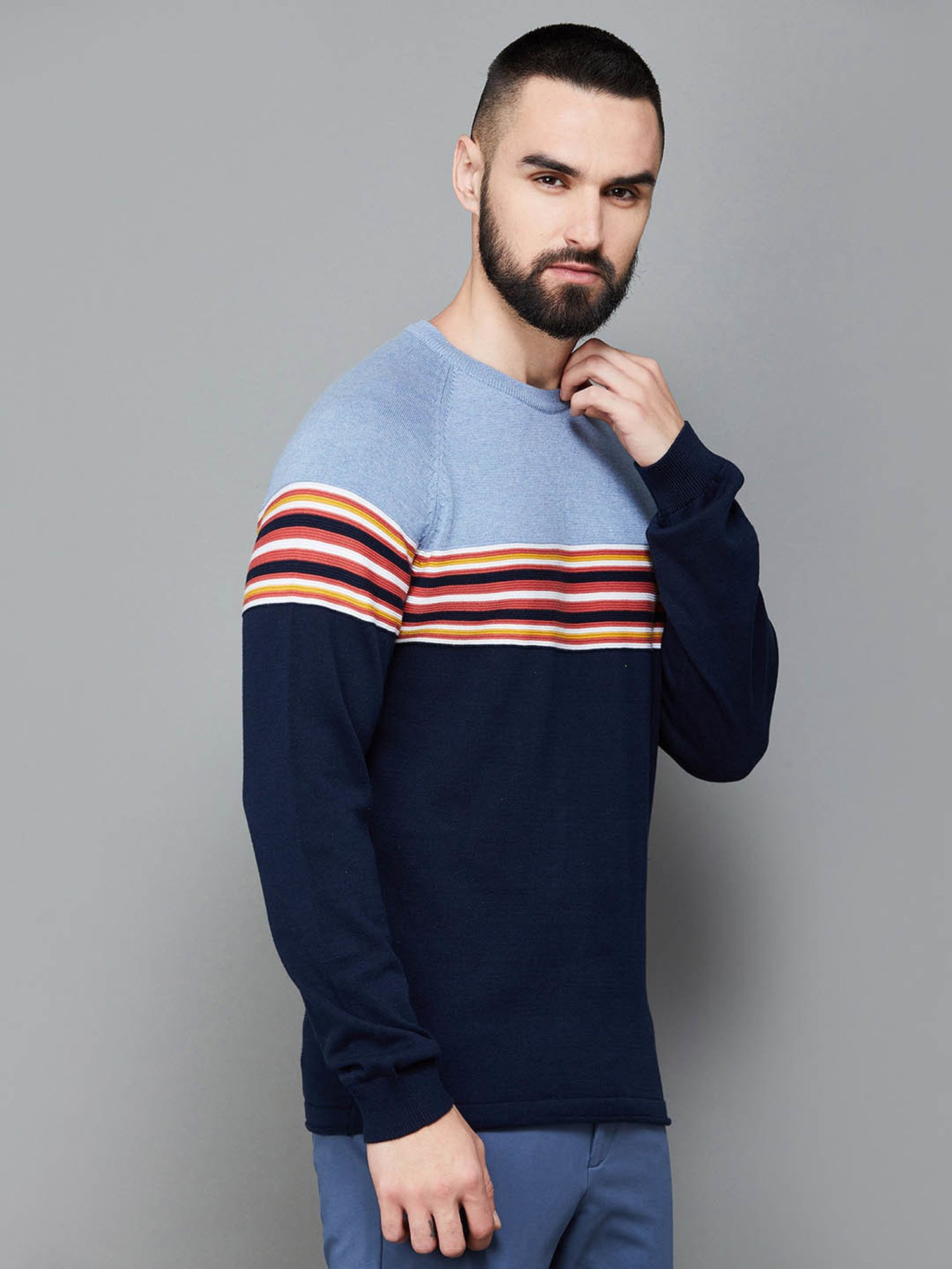 Code by Lifestyle Navy Cotton Regular Fit Colour Block Sweater