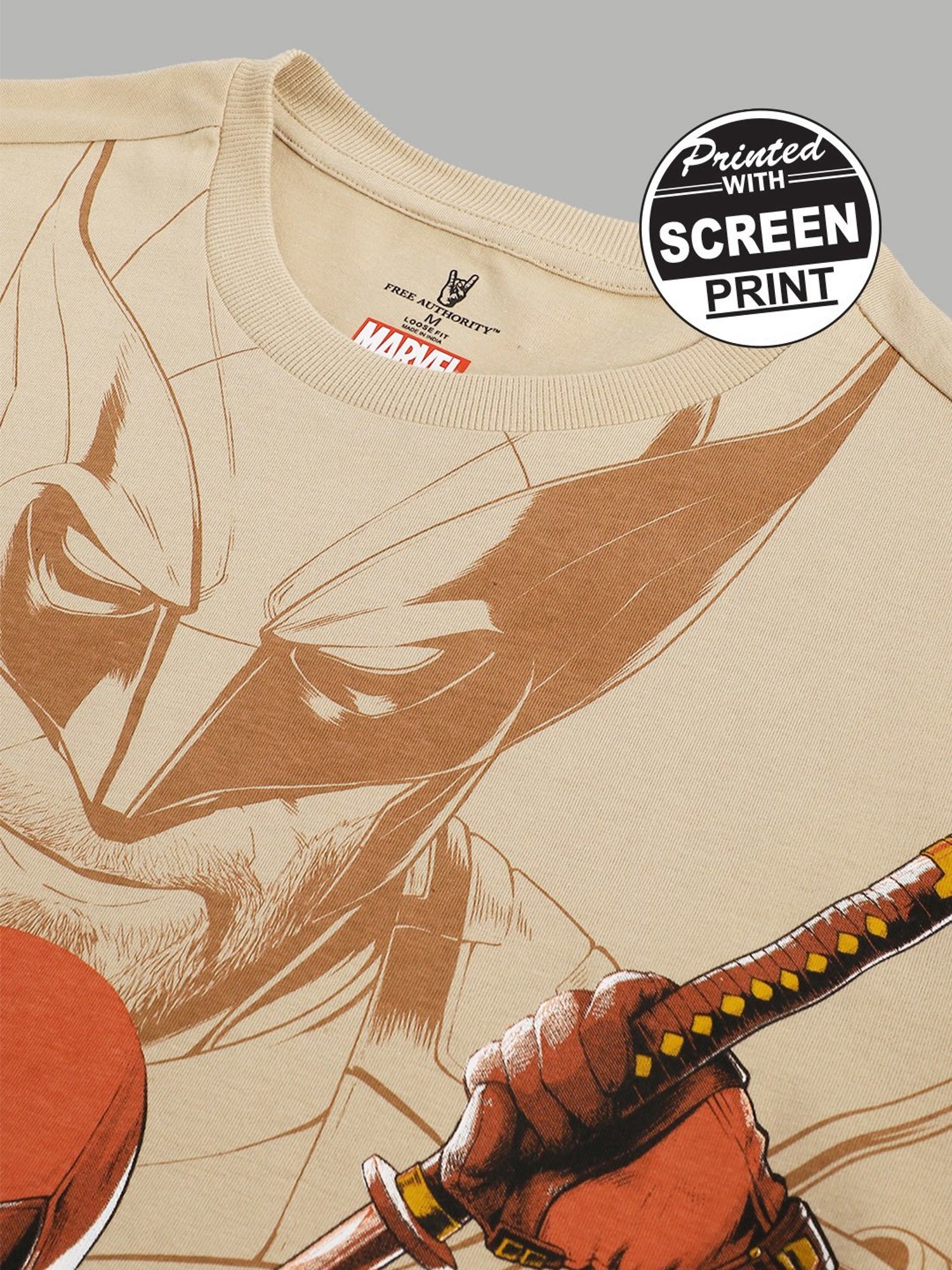 Free Authority Beige Loose Fit Deadpool Print T-Shirt