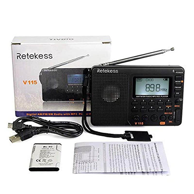 V115 Shortwave Radio AM FM Radio Digital Tuner Rechargeable Radio Support Recording Portable MP3 Radio with Bass and TF Socket Black