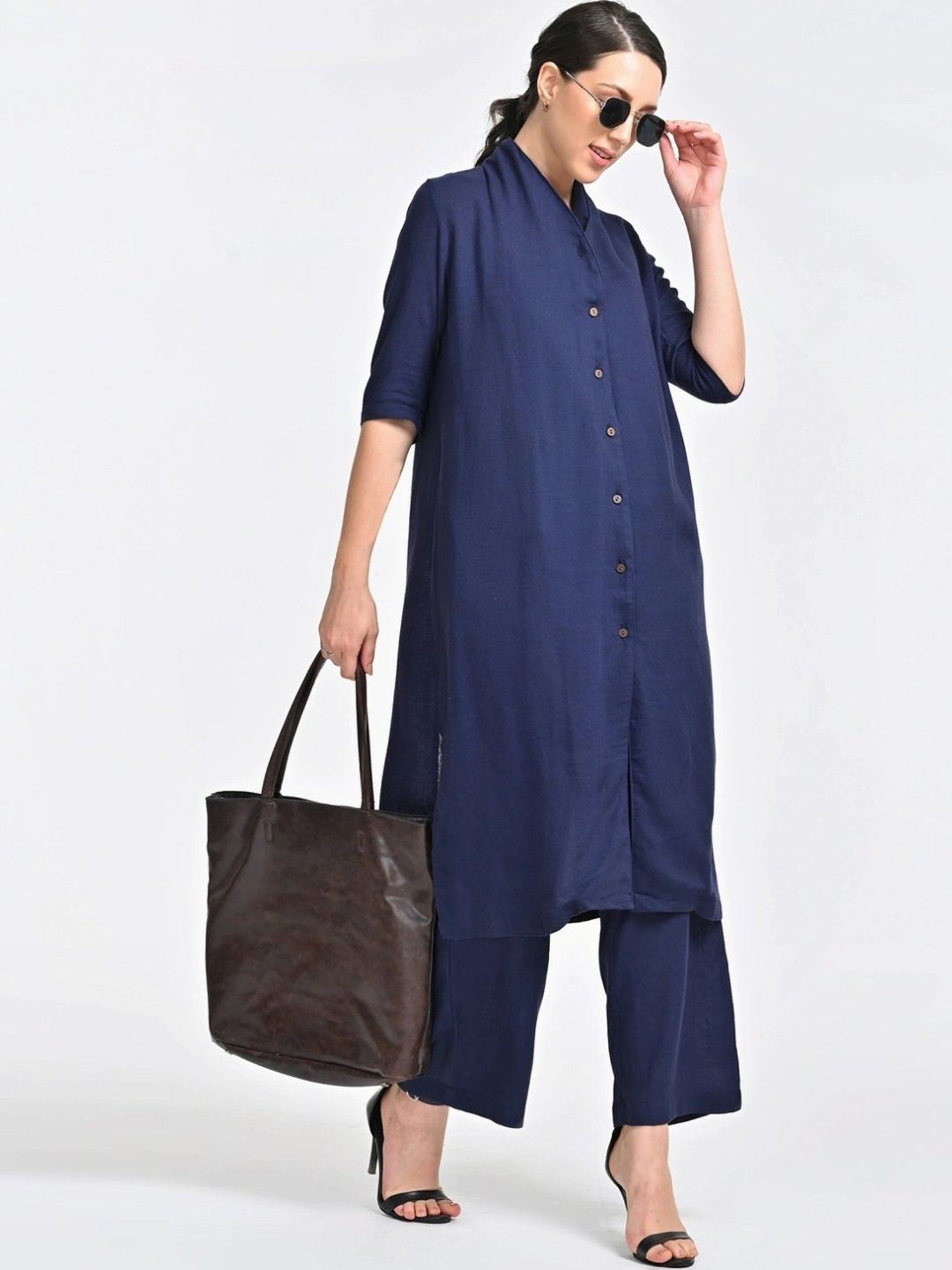 Saltpetre Navy Blue Linen Long Shirt With Trousers Co-ords Set