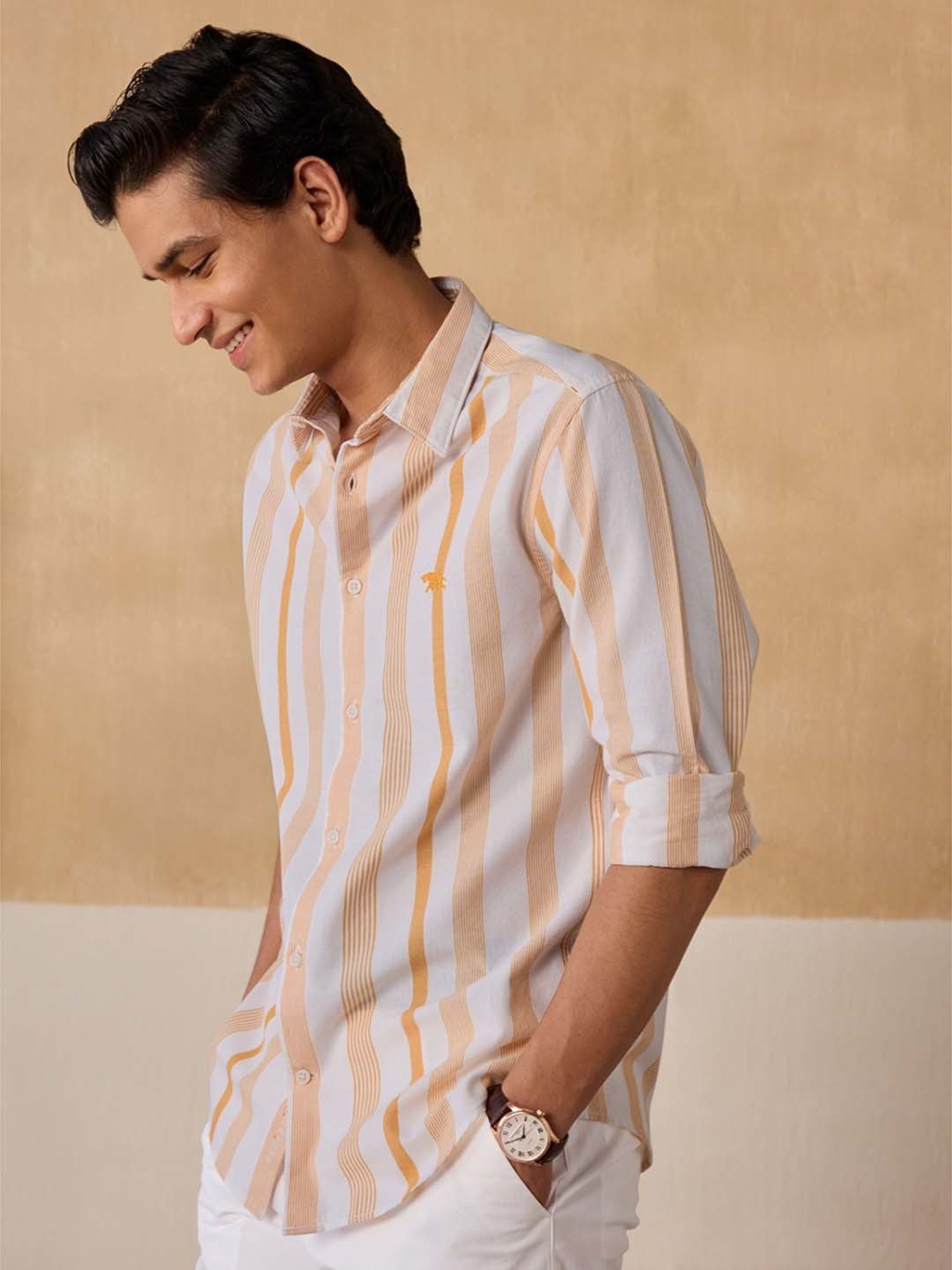 Andamen Orange Cotton Regular Fit Striped Shirt