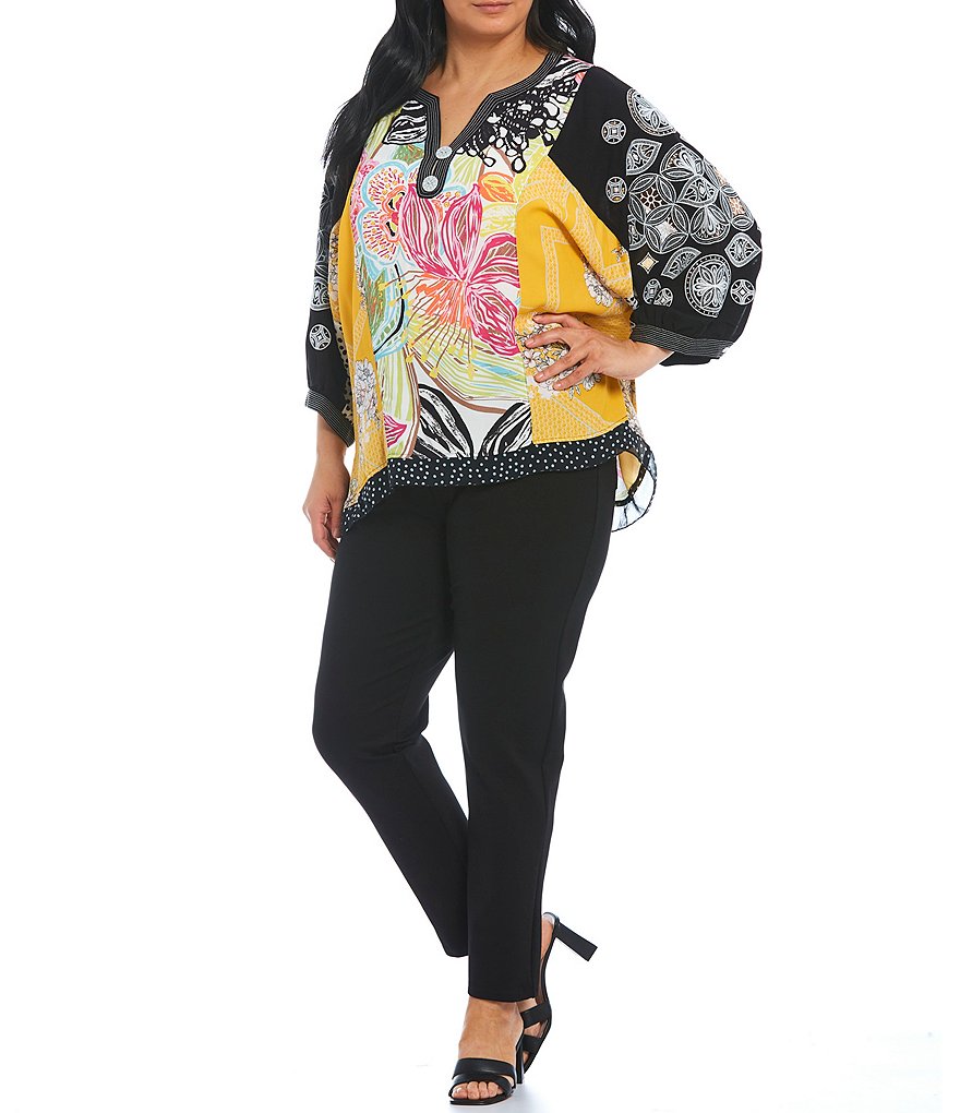 John Mark Plus Size Split Round Neck Mixed Floral 3/4 Peasant Sleeve Tunic