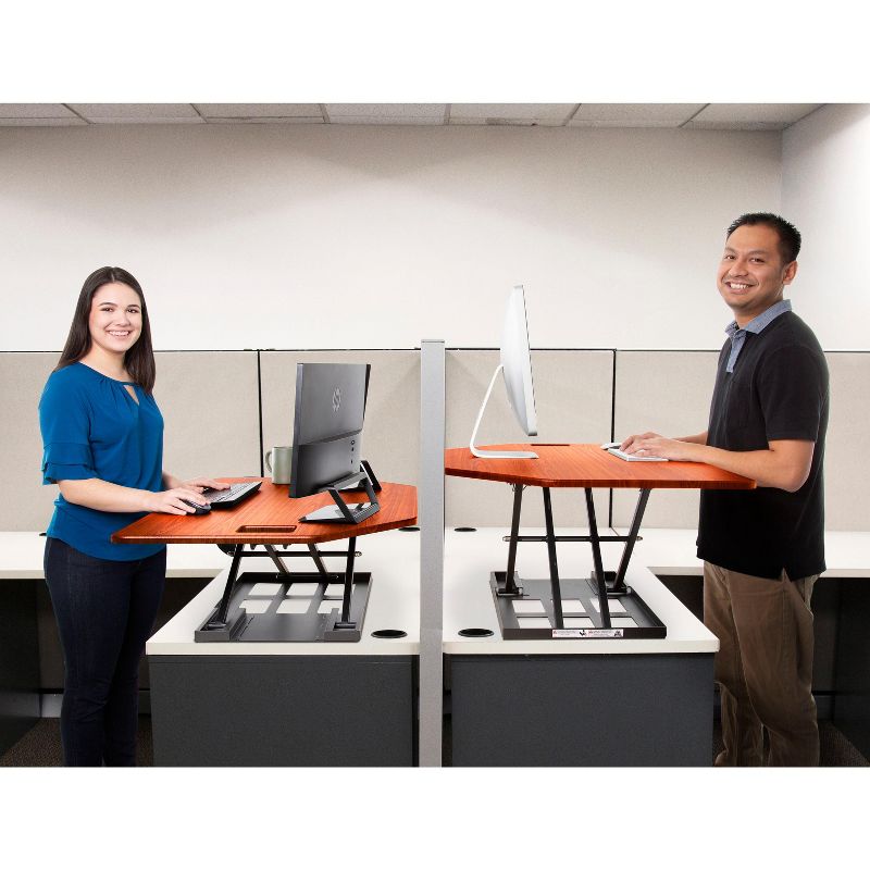 X-Elite Premier Corner Standing Desk Converter with Pneumatic Height Adjustment &ndash; Cherry &ndash; Stand Steady