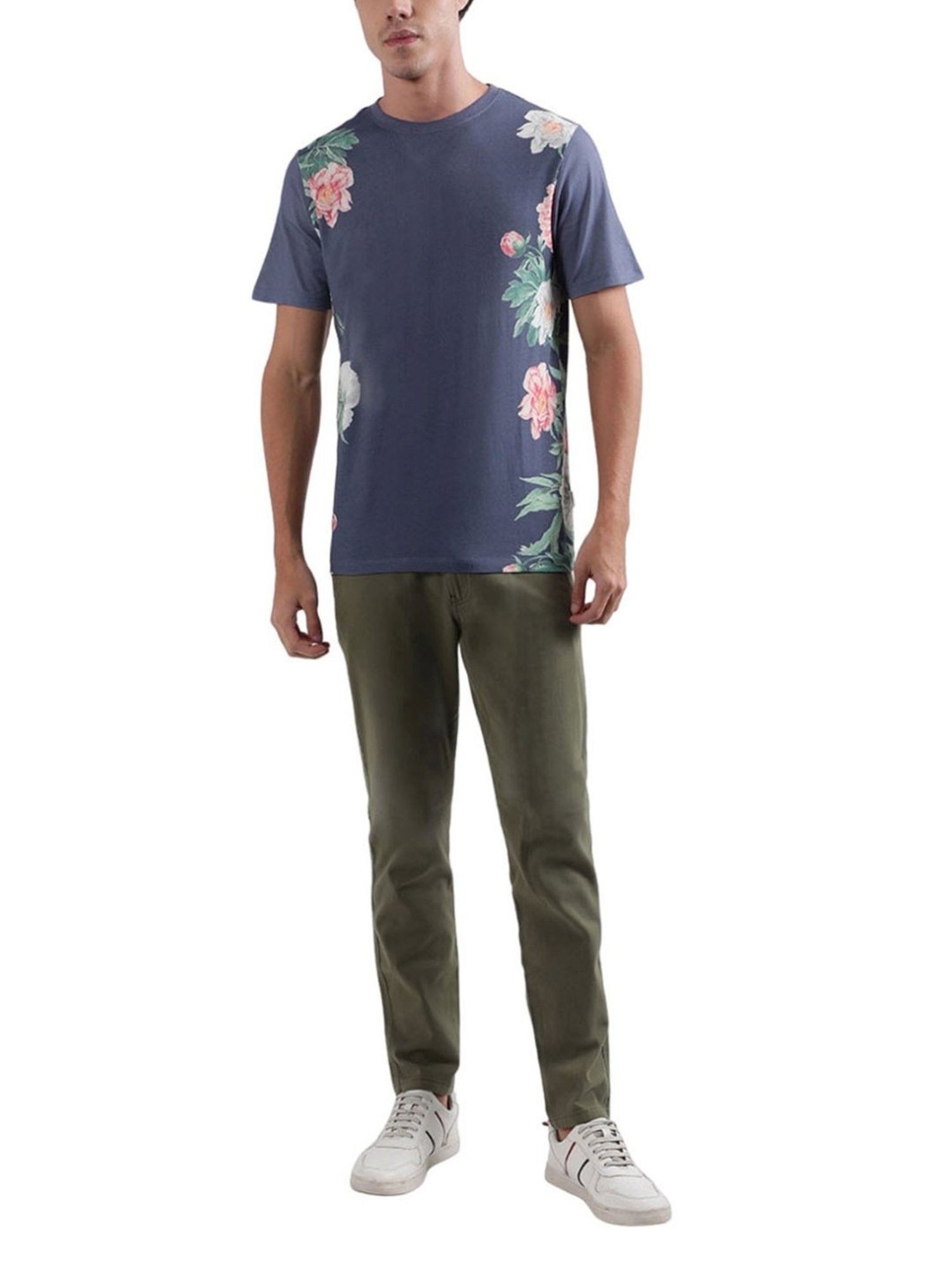 Lindbergh Blue Cotton Regular Fit Printed T-Shirt