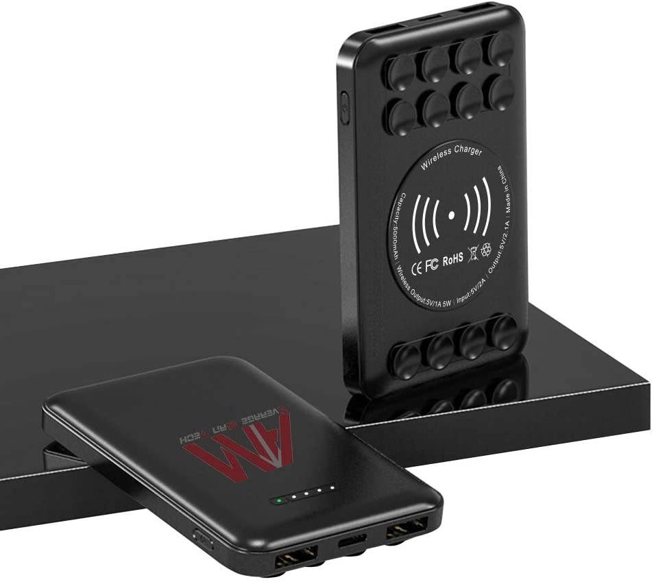 Portable Mini Wireless Hands Free Charger by AMT | 2-in-1 5000mAh Power Bank with Qi Wireless Charging & Hands Free Suction Cups Attachment Options Big Charge Half The Size (1 Unit)- Black