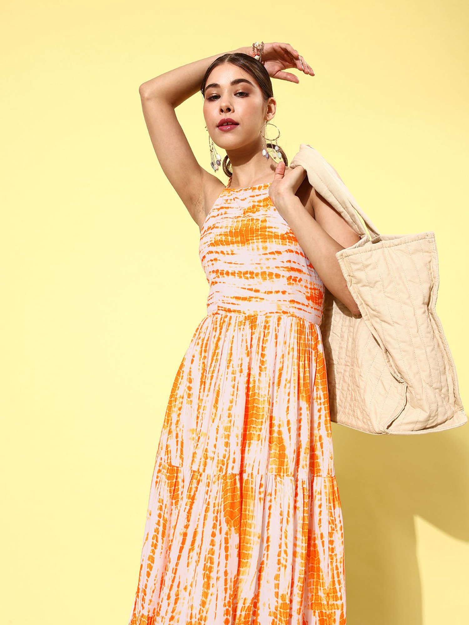 QUIERO Yellow Tie & Dye Fit & Flare Dress