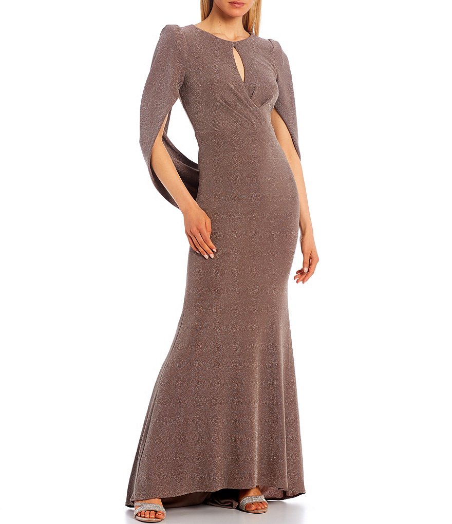 Betsy & Adam Metallic Knit Keyhole Front Drape Back Gown