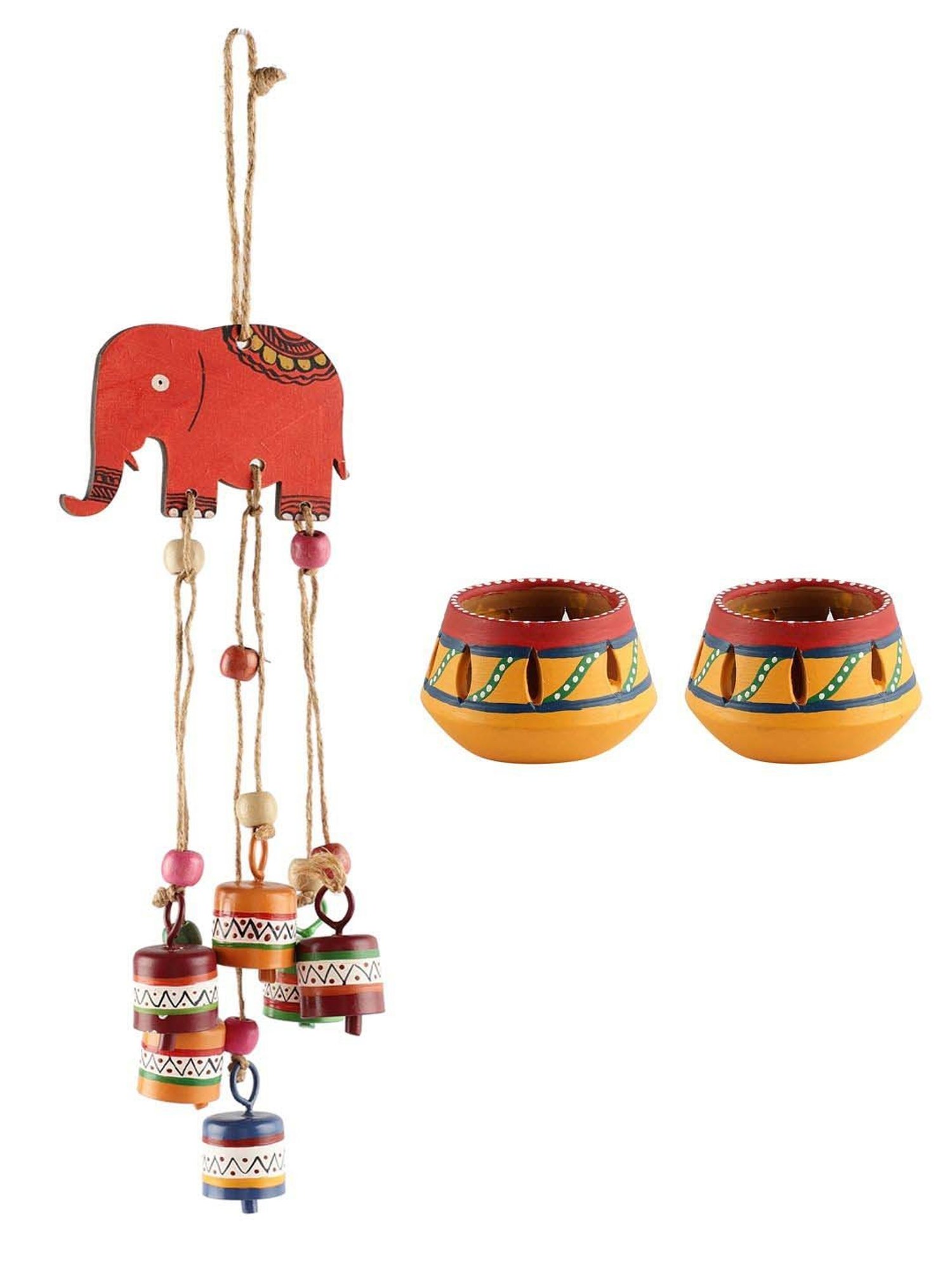 VarEesha Upahaar Multicolor Wood Wall Hanging Wind Chime with 2 Tea Light Holders