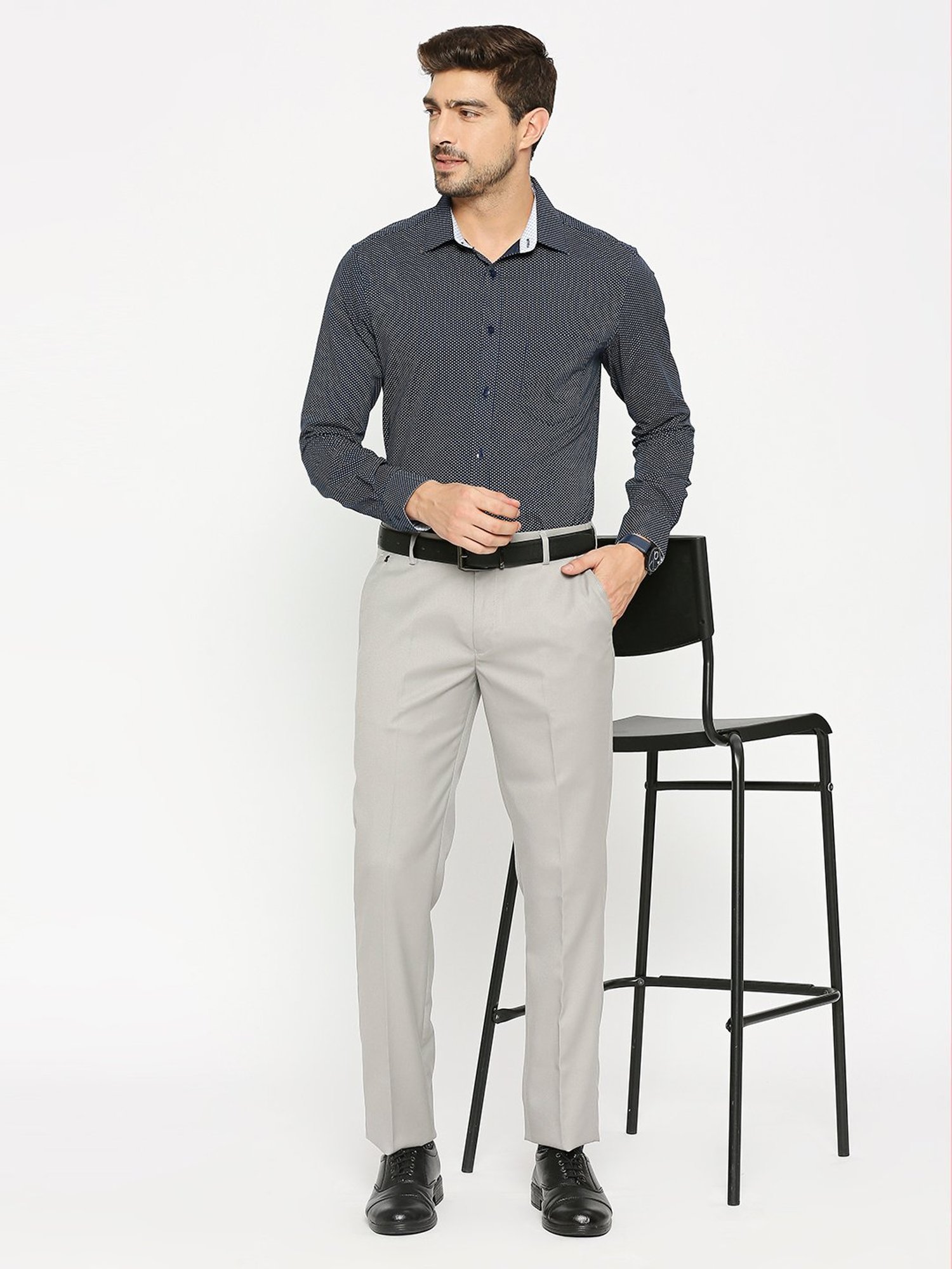 SOLEMIO Grey Slim Fit Flat Front Trousers
