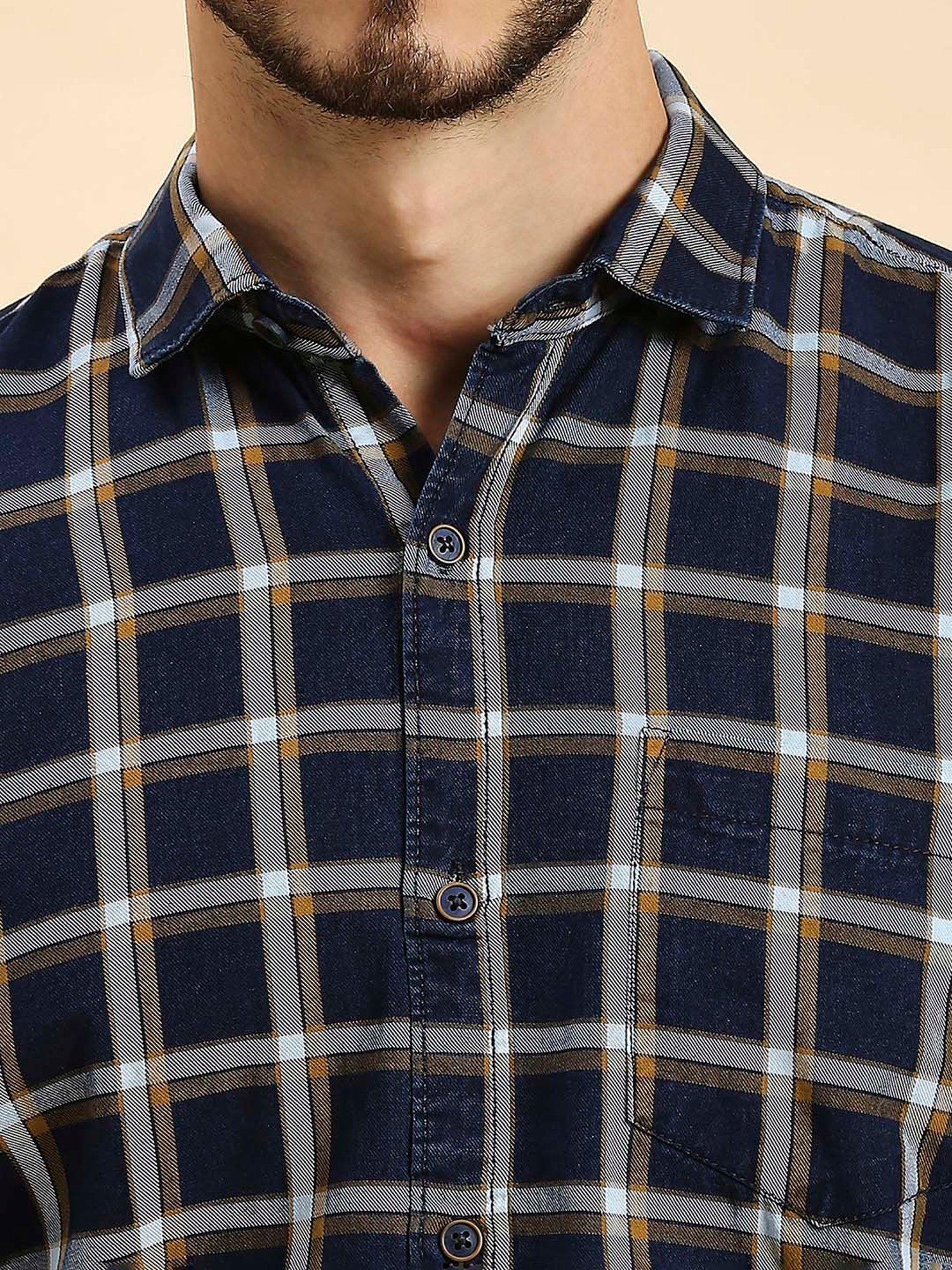 HJ HASASI Navy Slim Fit Check Cotton Shirt