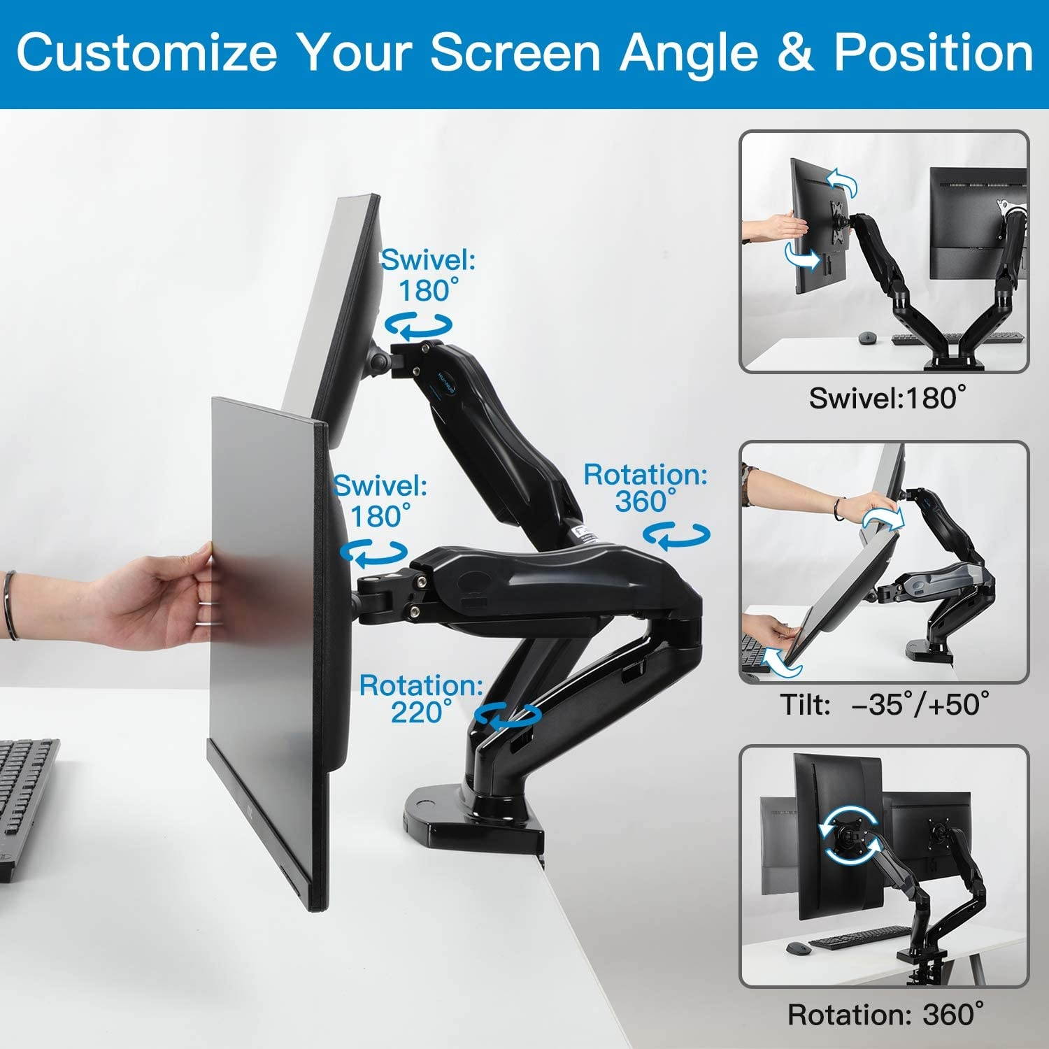 Dual Monitor Stand - Adjustable Gas Spring Monitor Desk Mount Swivel VESA Bracket with C Clamp, Grommet Mounting Base for 17 to 27 Inch Computer Screens - Each Arm Holds 4.4 to 14.3lbs
