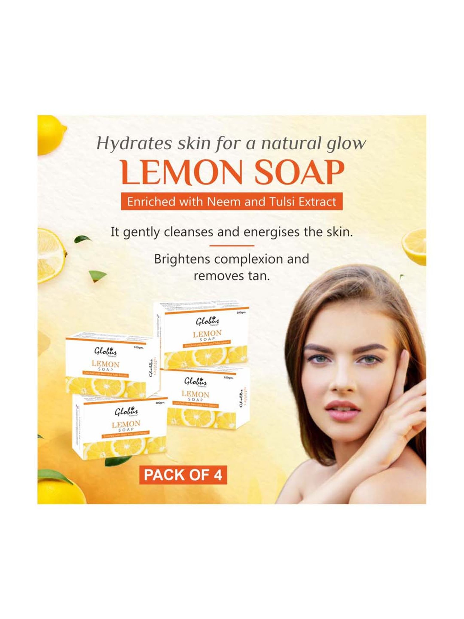 Globus Naturals Lemon Soap Enriched with Neem & Tulsi Extract - 100 gm (Pack of 4)