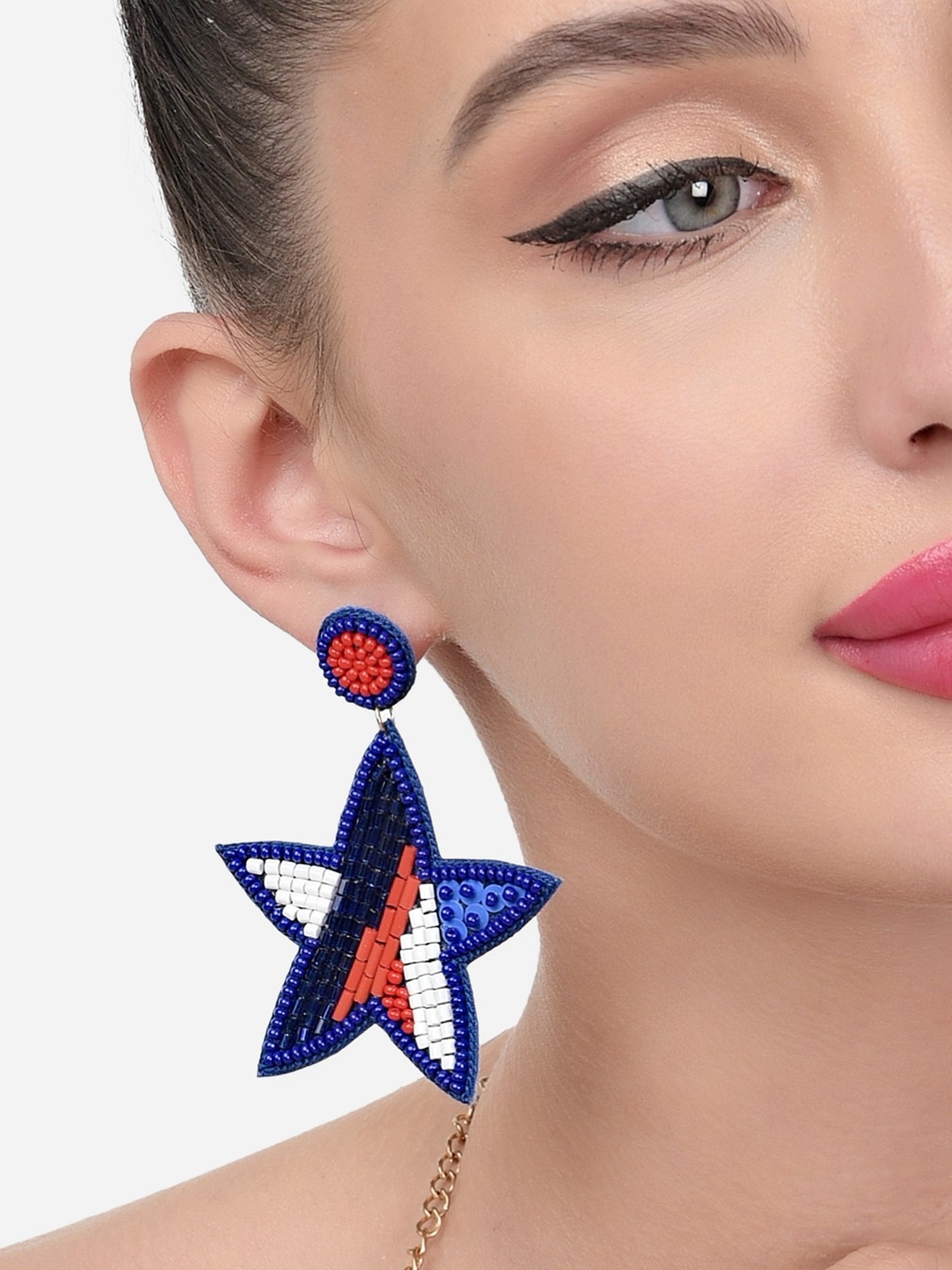 Zaveri Pearls Blue Red Beads Embellished Contemporary Hand Crafted Star Drop Earring-ZPFK15630
