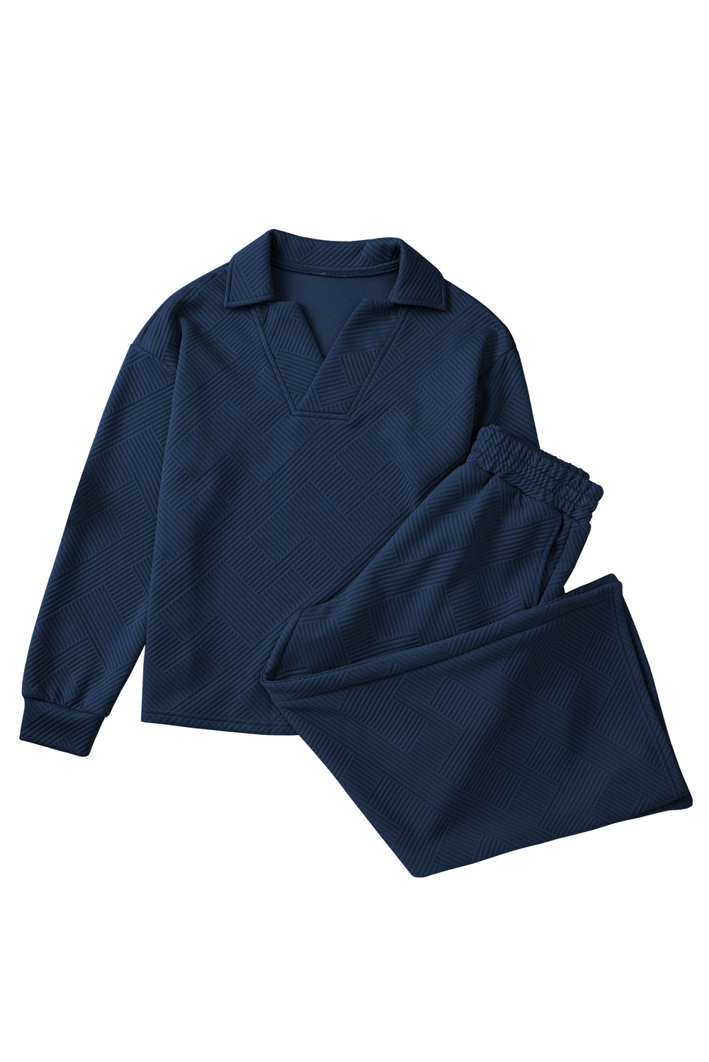 Green Solid Color Quilted Long Sleeve Top and Wide Leg Pants Set