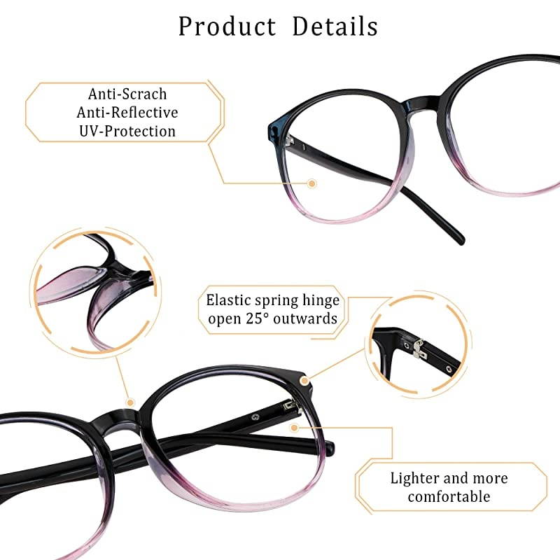 Blue Light Blocking Glasses Anti Eyestrain Computer Reading Glasses with Spring Hinge Gaming Glasses TV Glasses for Women Men Anti Glare Black Purple 350 Magnification