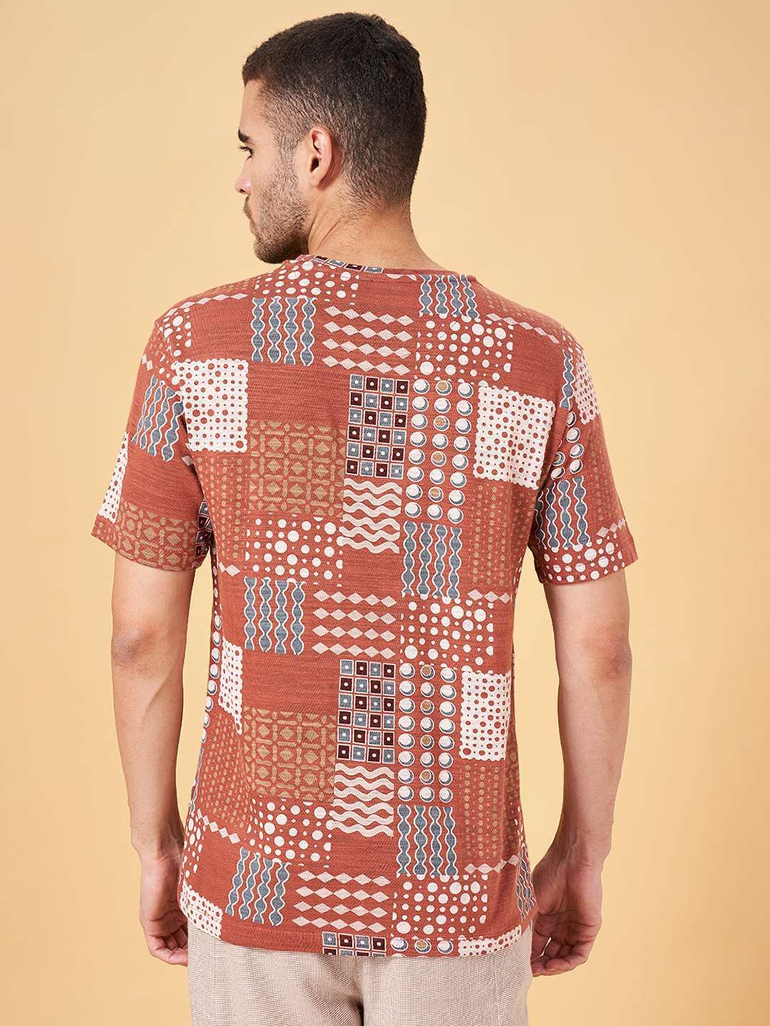 7 Alt by Pantaloons Rusty Orange Cotton Relaxed Fit Printed T-Shirt