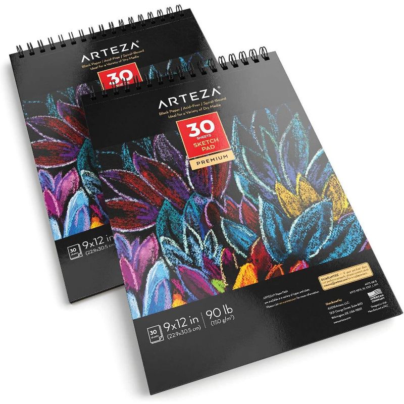 Arteza Black Paper Sketch Pad, 9"x12", 30 Sheets - 2 Pack (ARTZ-8377)