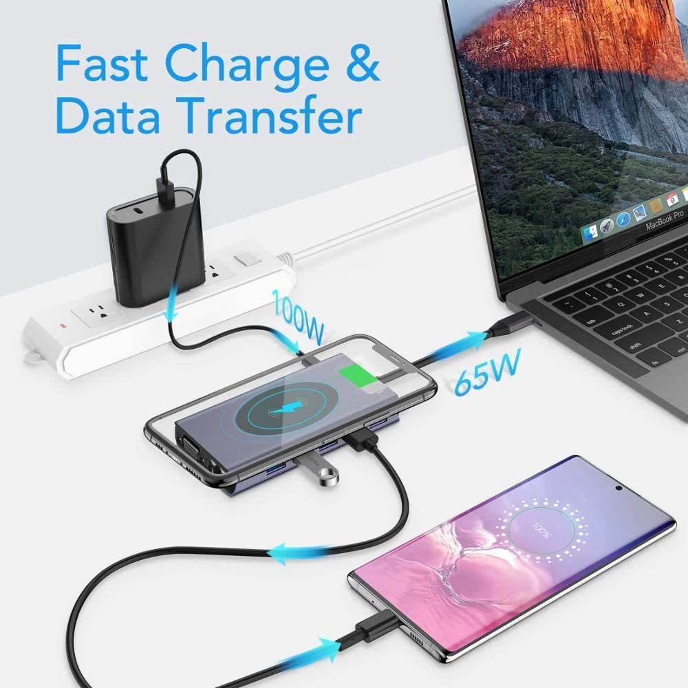14 in 1 USB C Hub Laptop Docking Station Multi Function PD VGA HDMI Adapter 5 USBC 3.0 Hub Wireless Charge TF SD Reader Ethernet