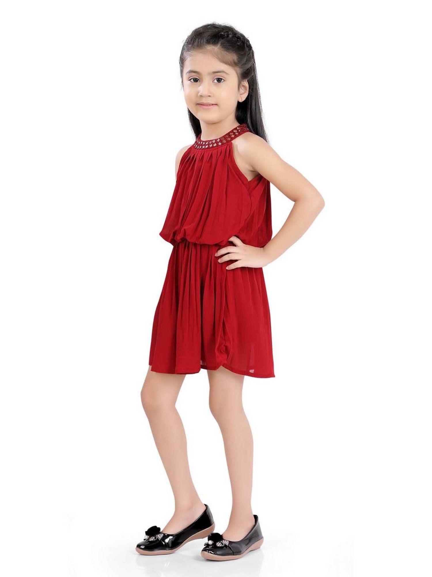 poplins Kids Maroon Cotton Regular Fit Dress