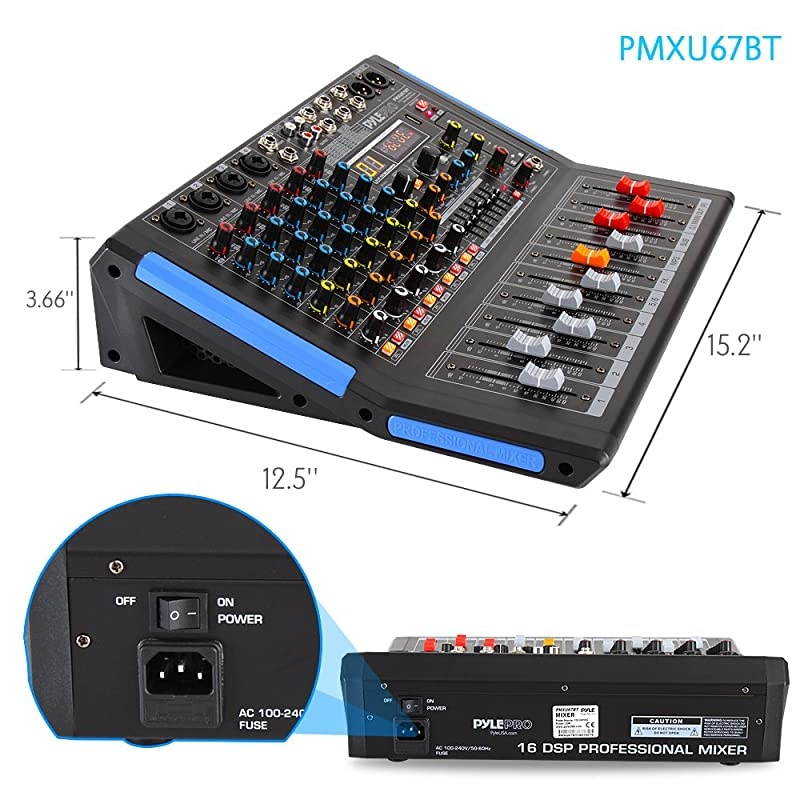 Bluetooth Studio Audio Mixer - DJ Sound Controller Interface with USB Drive for PC Recording Input, XLR Microphone Jack, 48V Power, Input/Output for Professional and Beginners - PMXU67BT