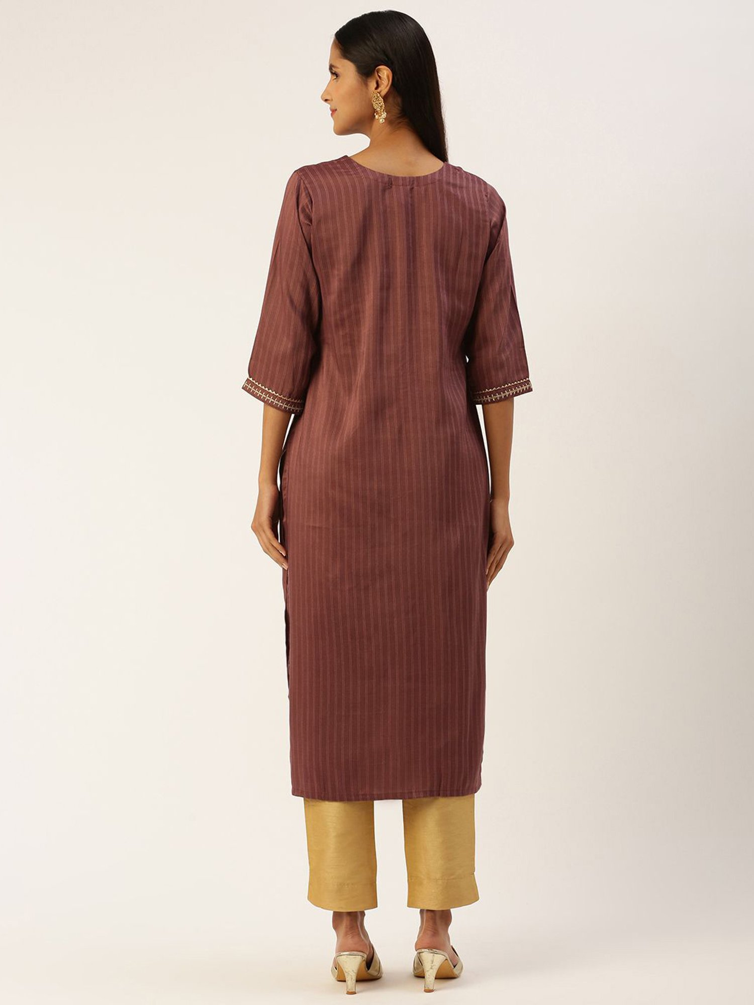 SHANVIKA Brown Striped Straight Kurta