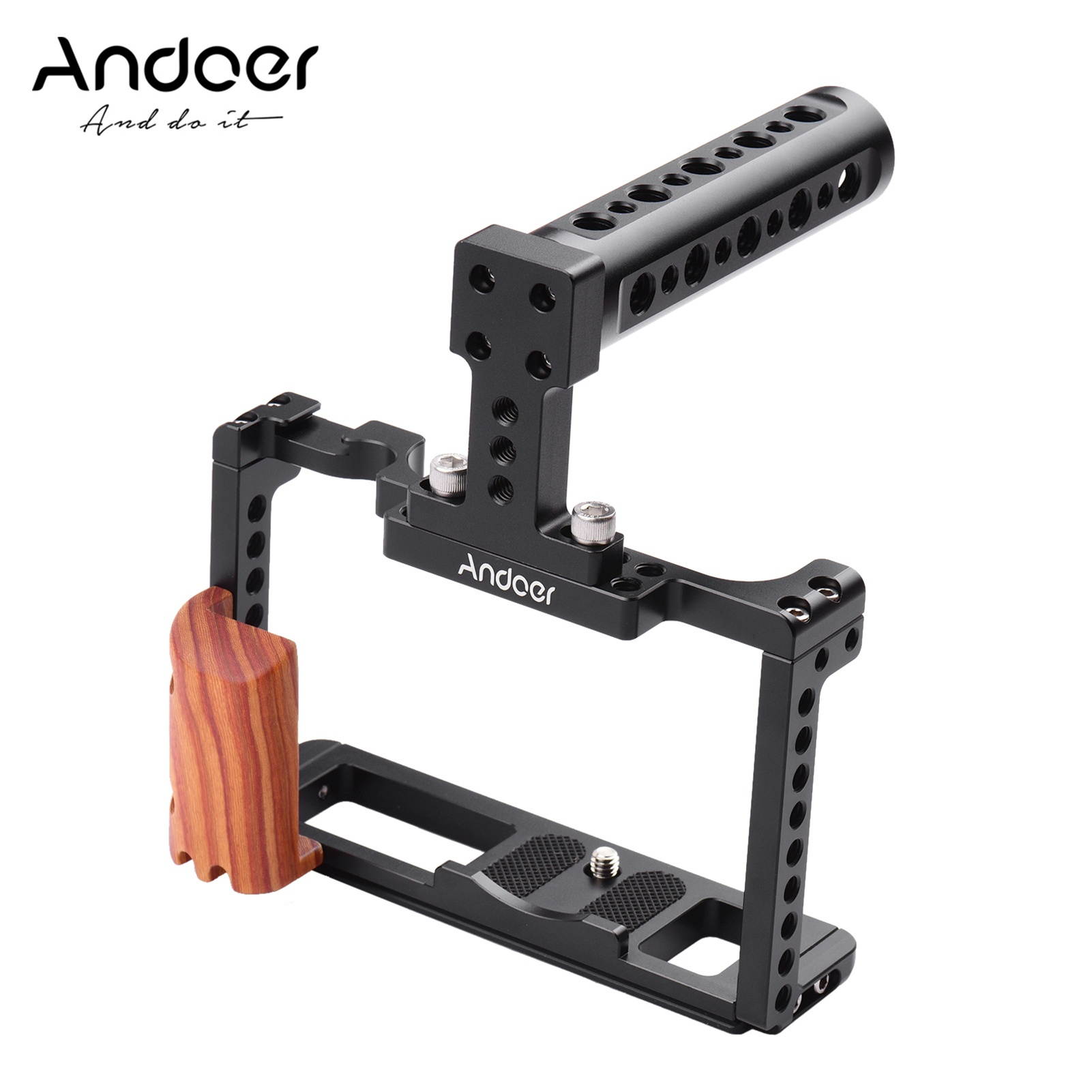 Andoer Aluminum Alloy Camera Cage Kit Protective Vlog Cage with Wooden Hand Grip Metal Top Handle Film Making System with Cold Shoe for Microphone Fill Light Compatible with Fujifilm X-T4 ILDC Camera