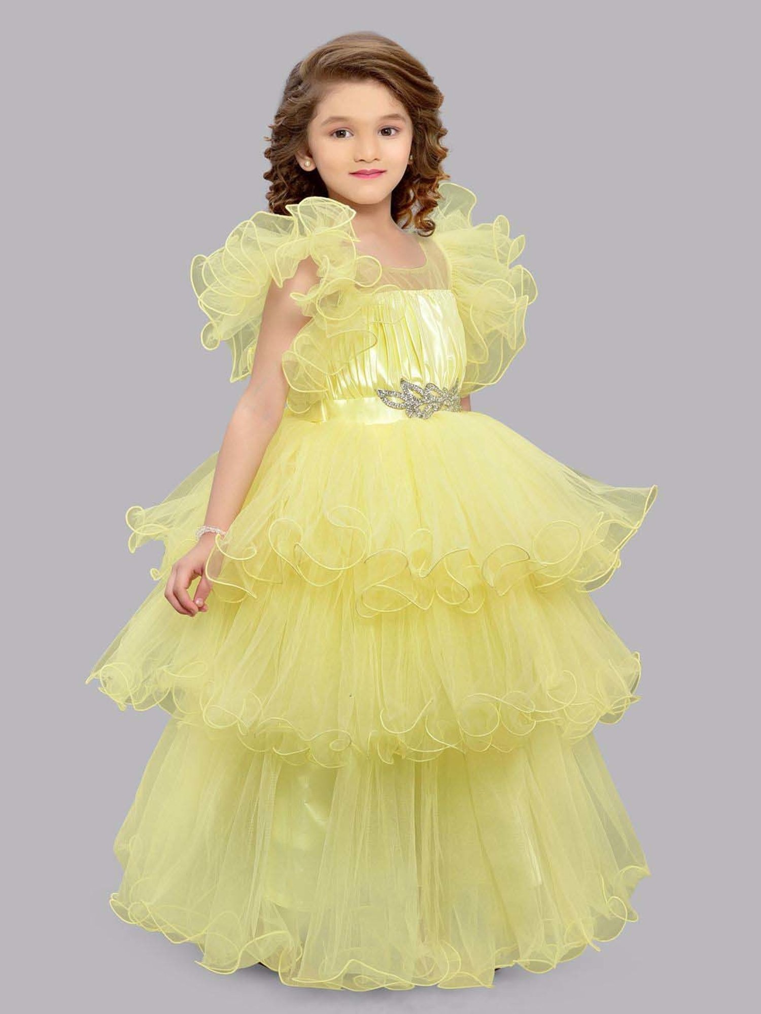 Pink Chick Kids Yellow Solid Party Gowns