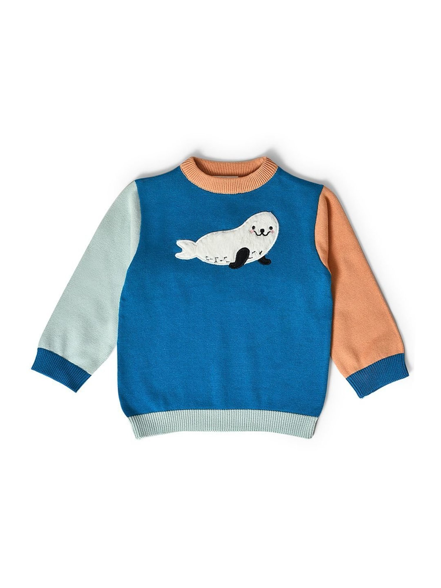 MiArcus Kids Blue & Beige Cotton Applique Full Sleeves Sweater