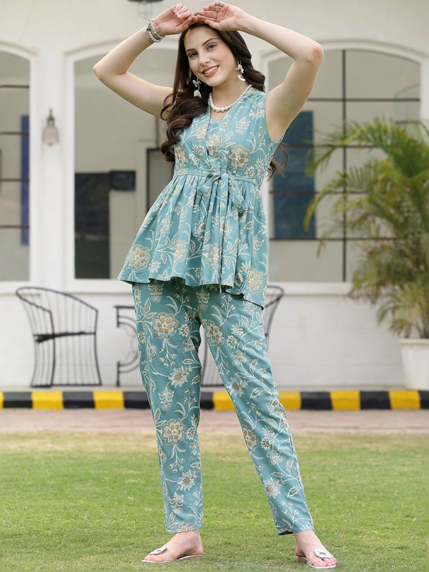 Stylum Aqua Blue Floral Print Top & Pants Set
