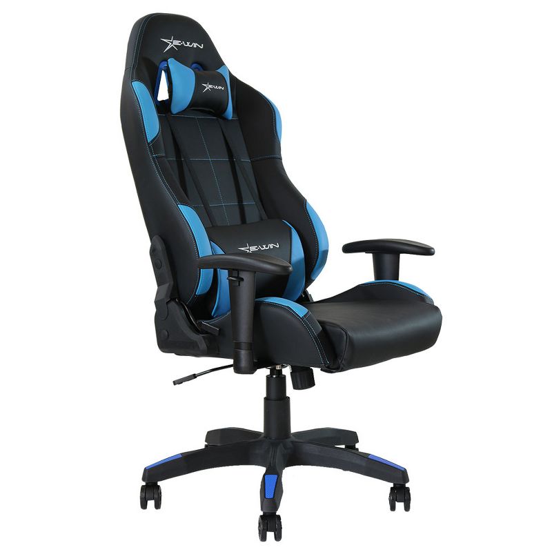 E-Win Calling Series Ergonomic Computer PC Gaming Home Office Desk PU Leather Tall Back Chair with Pillows, Black and Blue