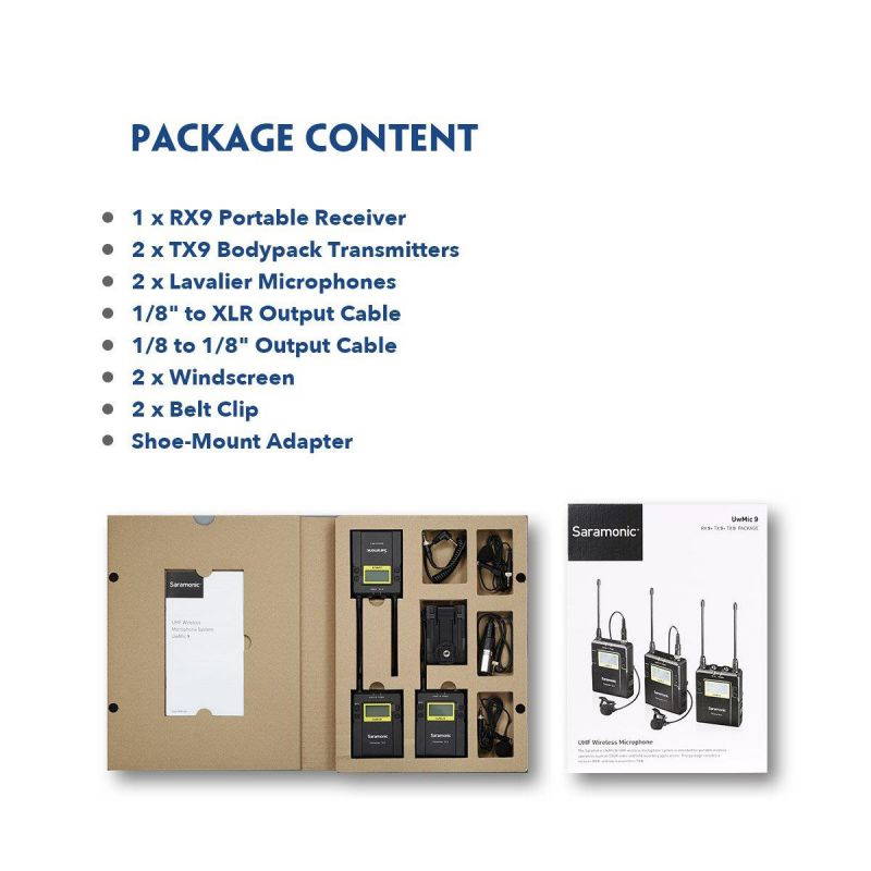 Saramonic UWMIC9 RX9 + TX9 + TX9, 96-Channel Digital UHF Wireless Dual Lavalier Microphone System for PRO camera, DSLR, Camcorder, Smartphone