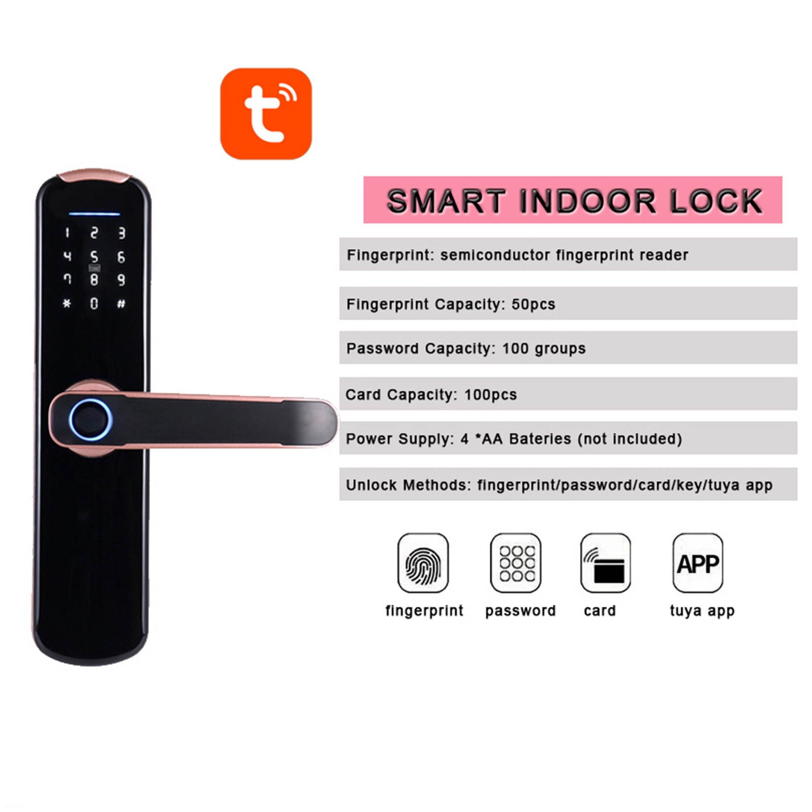 WAFU Tuya Fingerprint Lock Indoor Electronic Lock Smart Fingerprint Password Card Mechanical Key Touchscreen Keypad Door Lock for Home Hotel Office Door