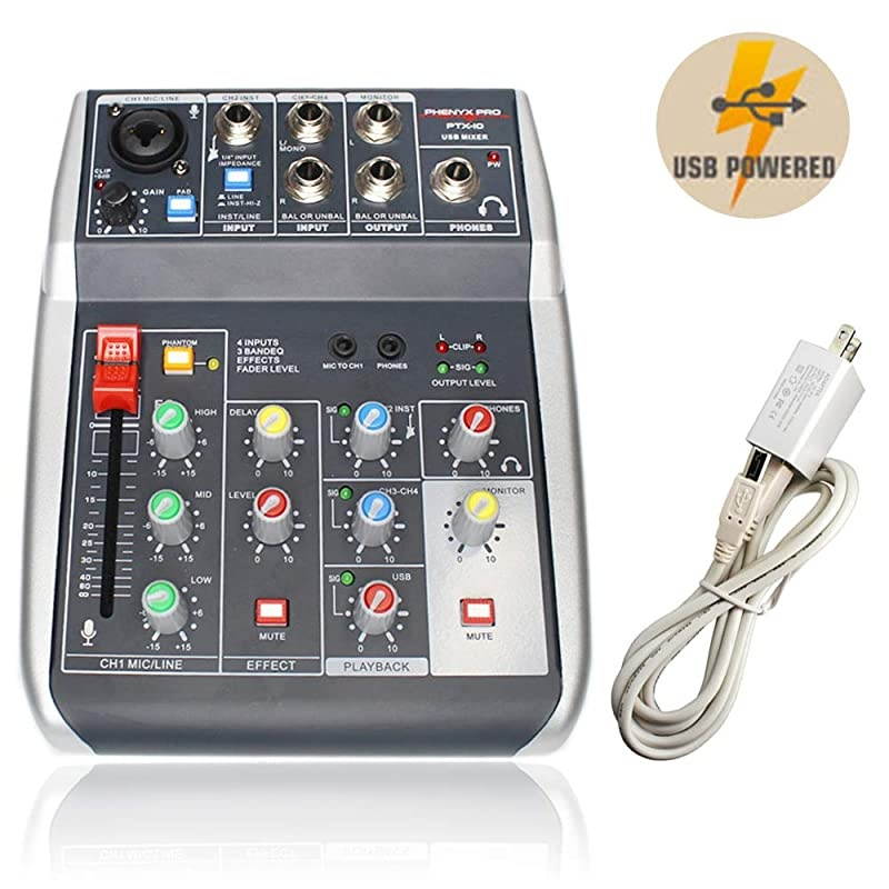 USB Audio Interface Mixer 4Channel 3Band EQ Echo Effects Audio Mixer with Interface to PC for Music Recording Ideal for Live Streaming Recording PTX10