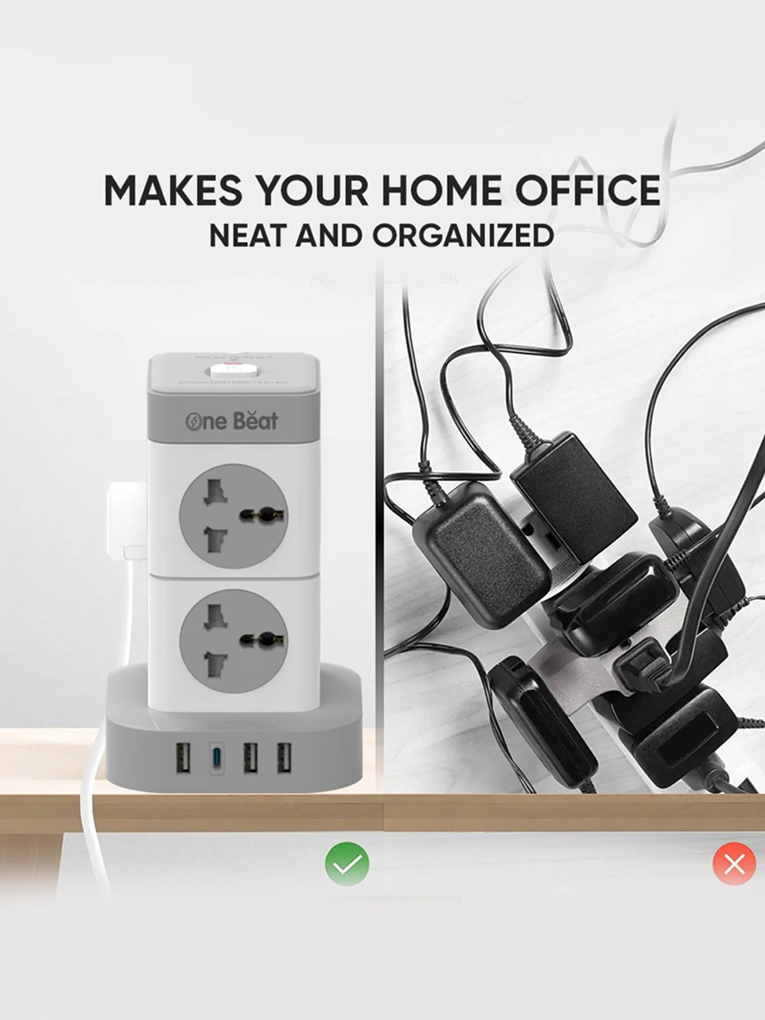 One Beat Tower 3 USB Port +1 Type-C Port with LED Indicator 8 Socket Extension Boards (White & Grey)