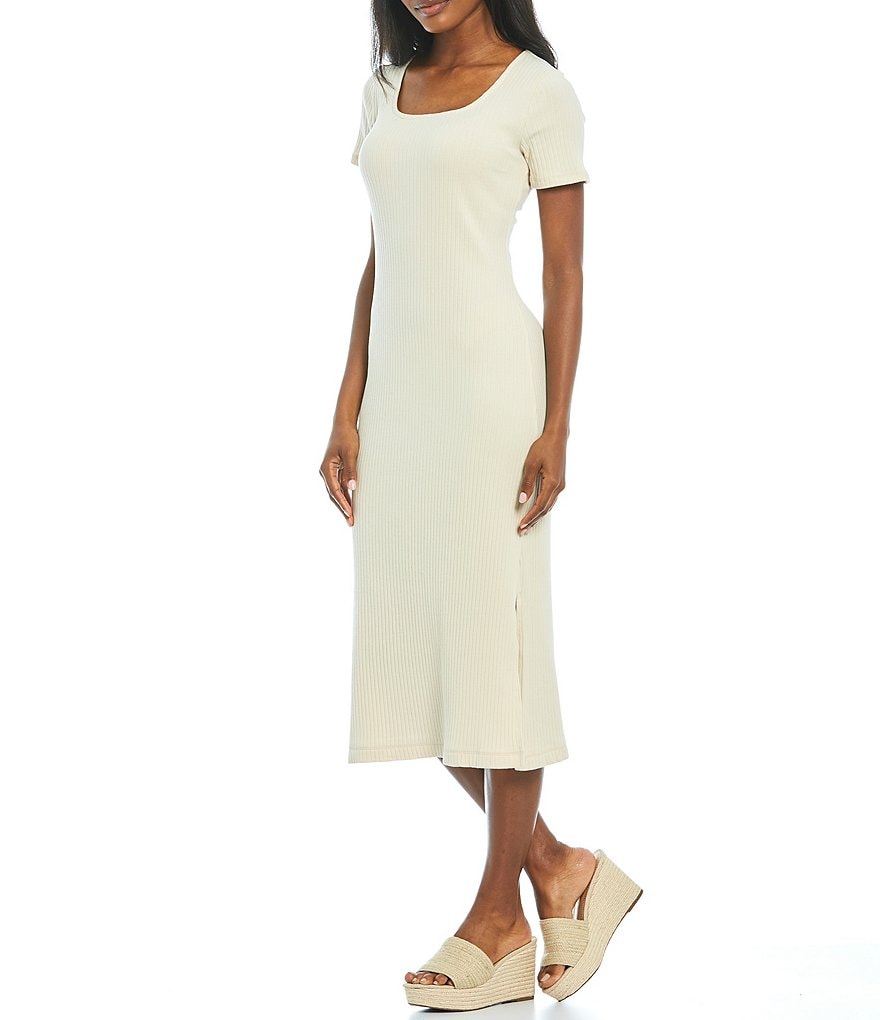 Gibson & Latimer Square Neck Short Sleeve Rib Knit Midi Dress