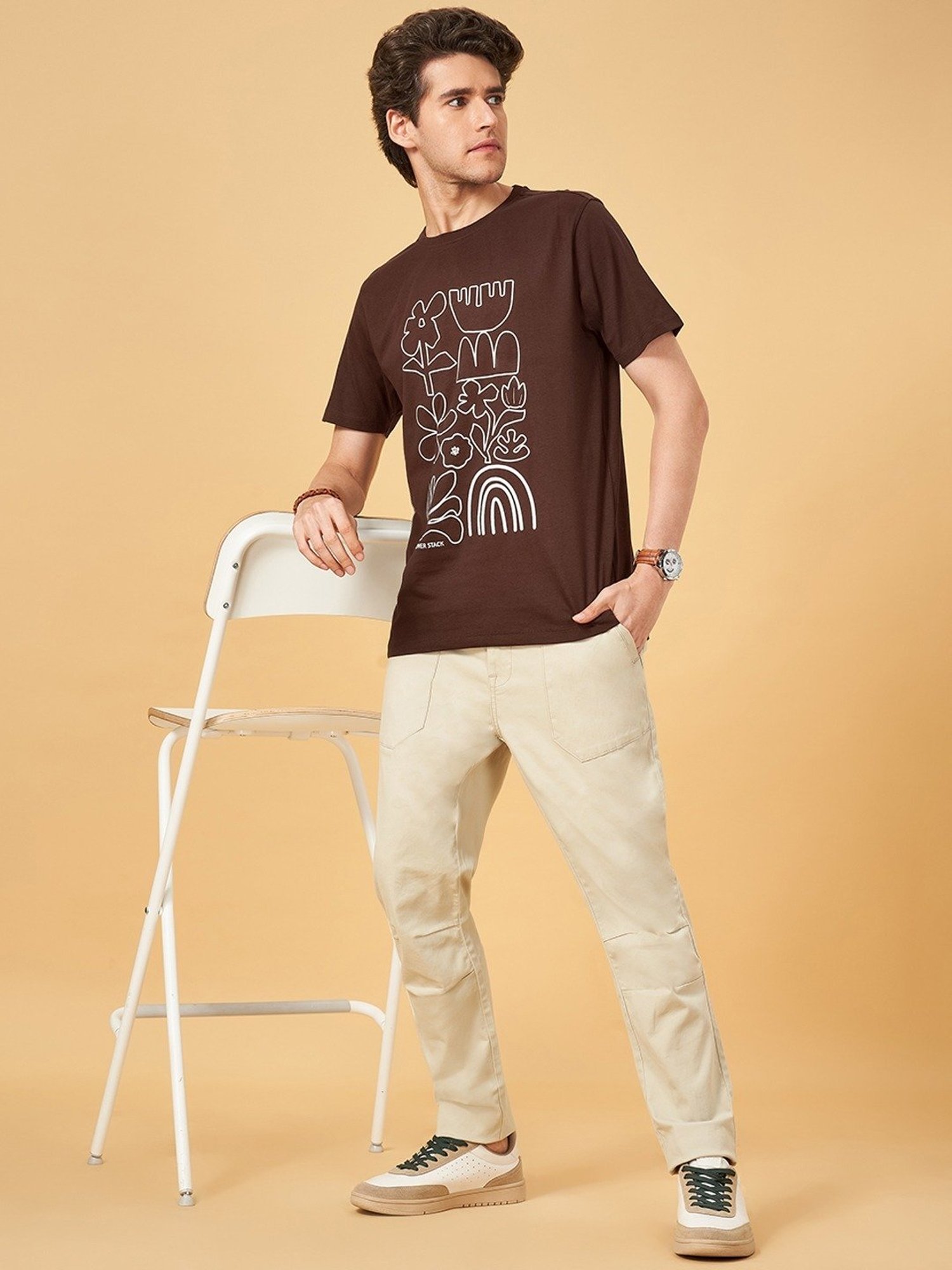 Urban Ranger by Pantaloons Dark Earth Cotton Slim Fit Printed T-Shirt