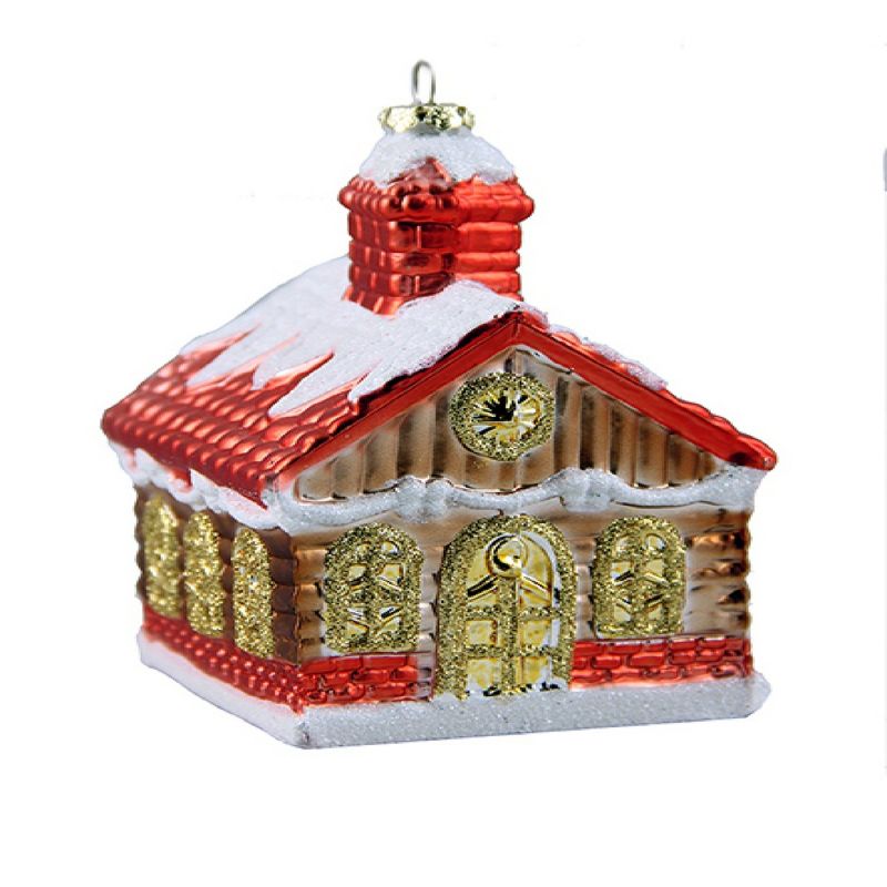 Barcana 3.5" Red and Gold Glittered Shatterproof Log Cabin Christmas Ornament