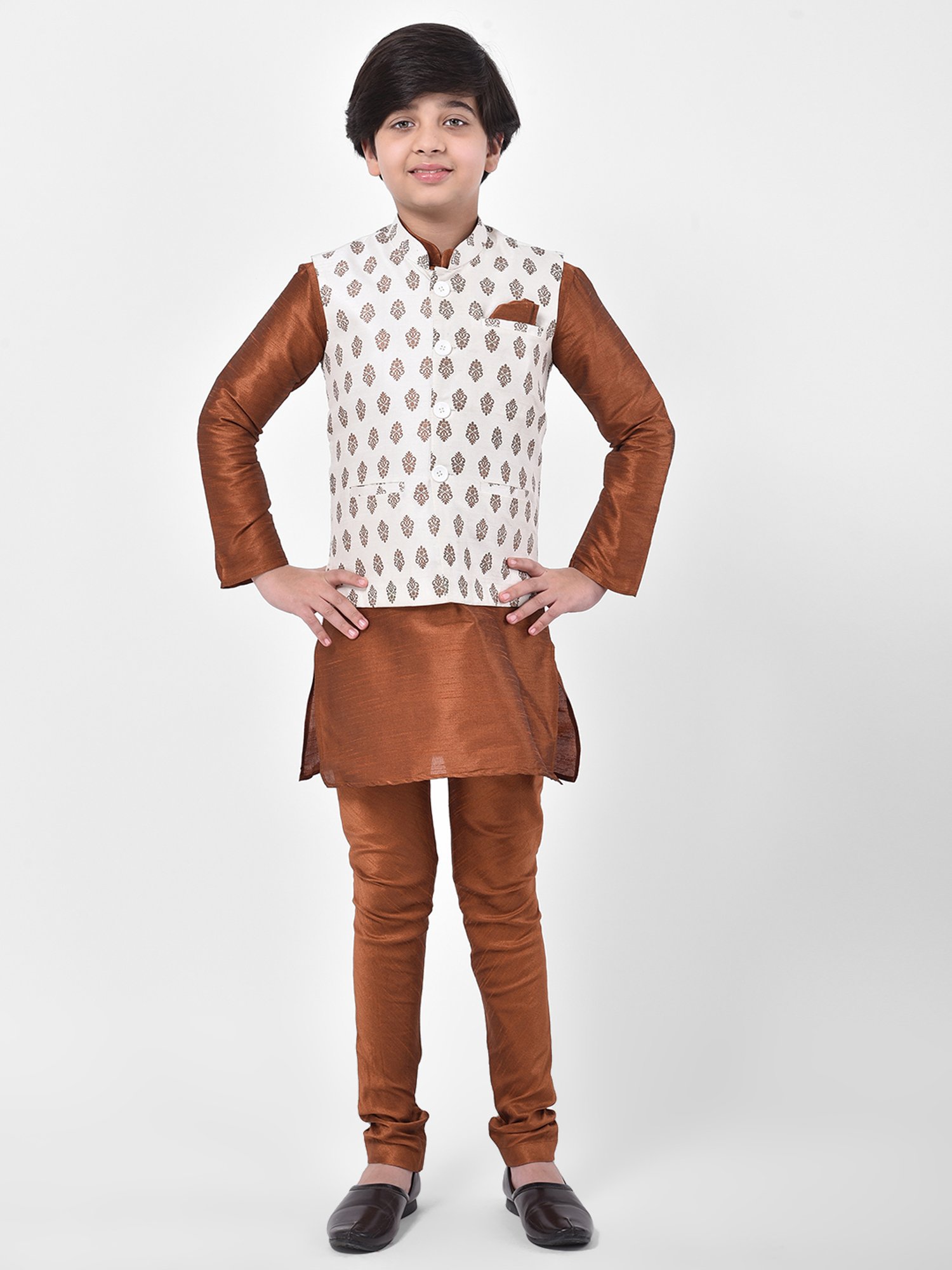 Deyann Kids Brown & Off White Self Design Full Sleeves Kurta, Churidar Pants with Nehru Jacket