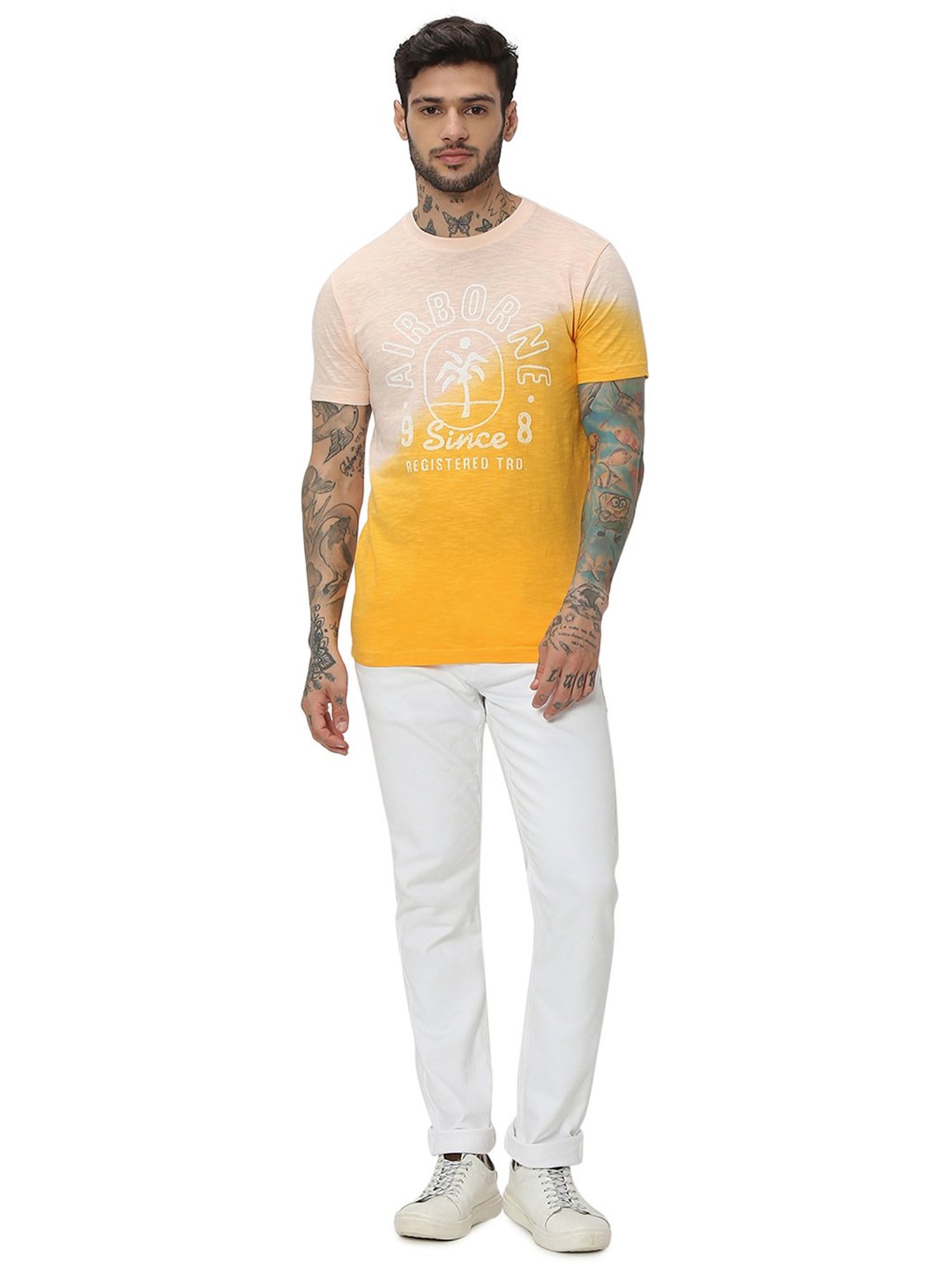 Mufti Orange Slim Fit Graphic Print Cotton Crew T-Shirt