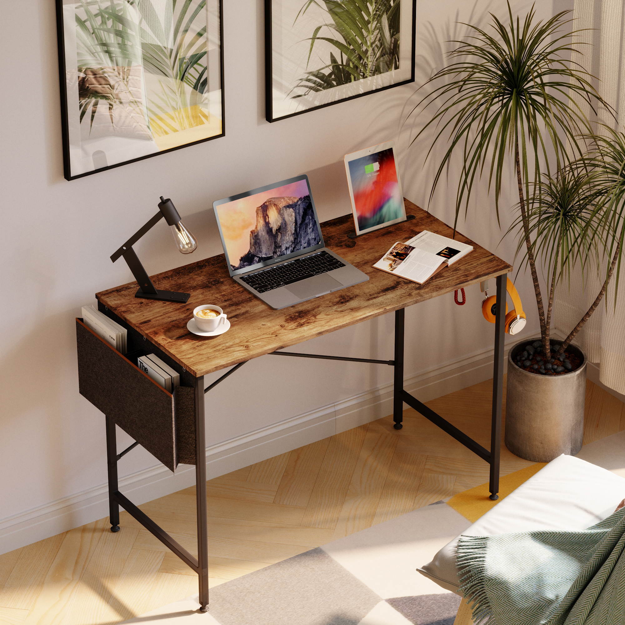 Bestier Computer Desk 47 Inch Office Desk Study Writing Desk, Simple Modern Style Laptop Table with Storage Bag & 3 Little Hook, Retro Gray Top