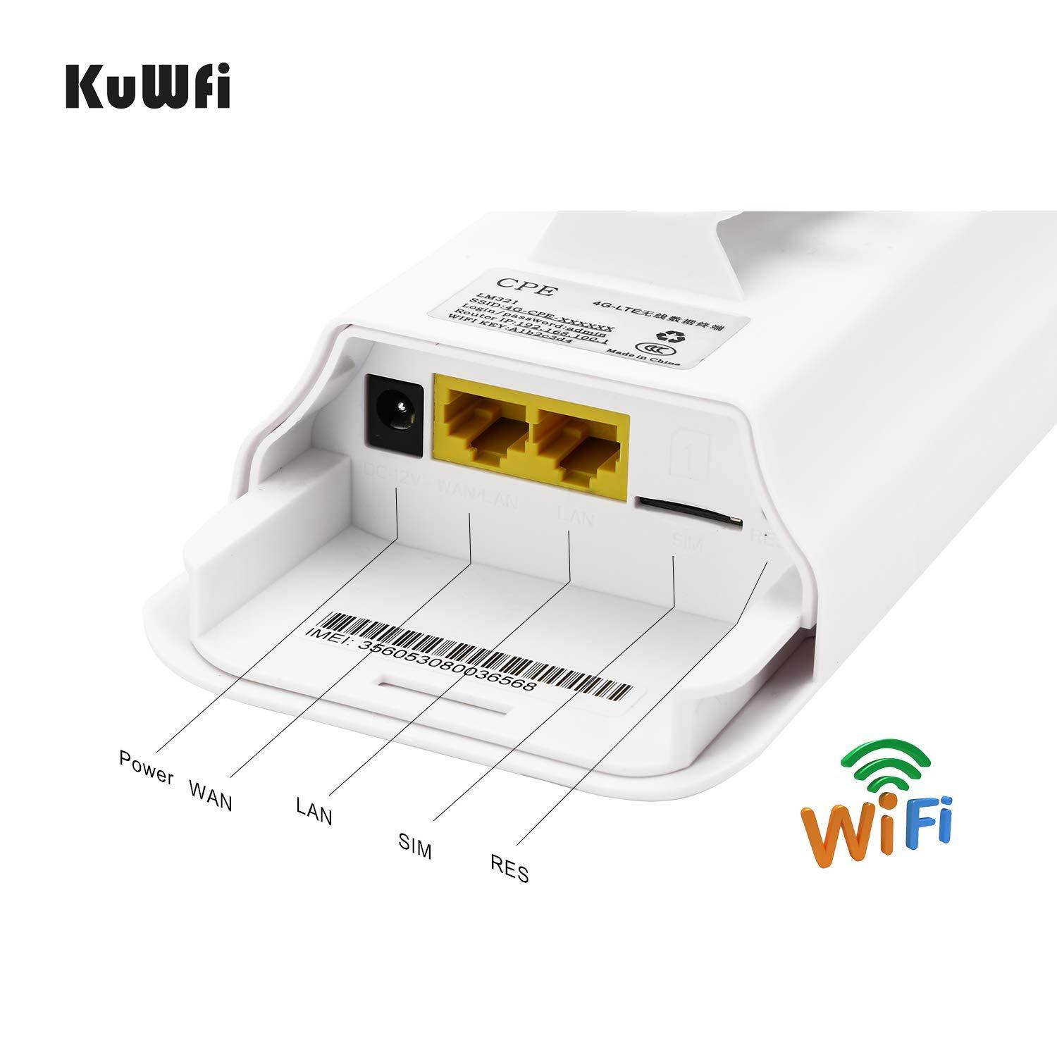 KuWFi Outdoor 4G LTE CPE WiFi Router with Sim Card Slot 150Mbps CAT4 SIM Routers for Home/Office use Easy Setu Up to 32 Users Work with IPcamera or Outside WiFi Coverage (US Version B2/B4/B5/B7)