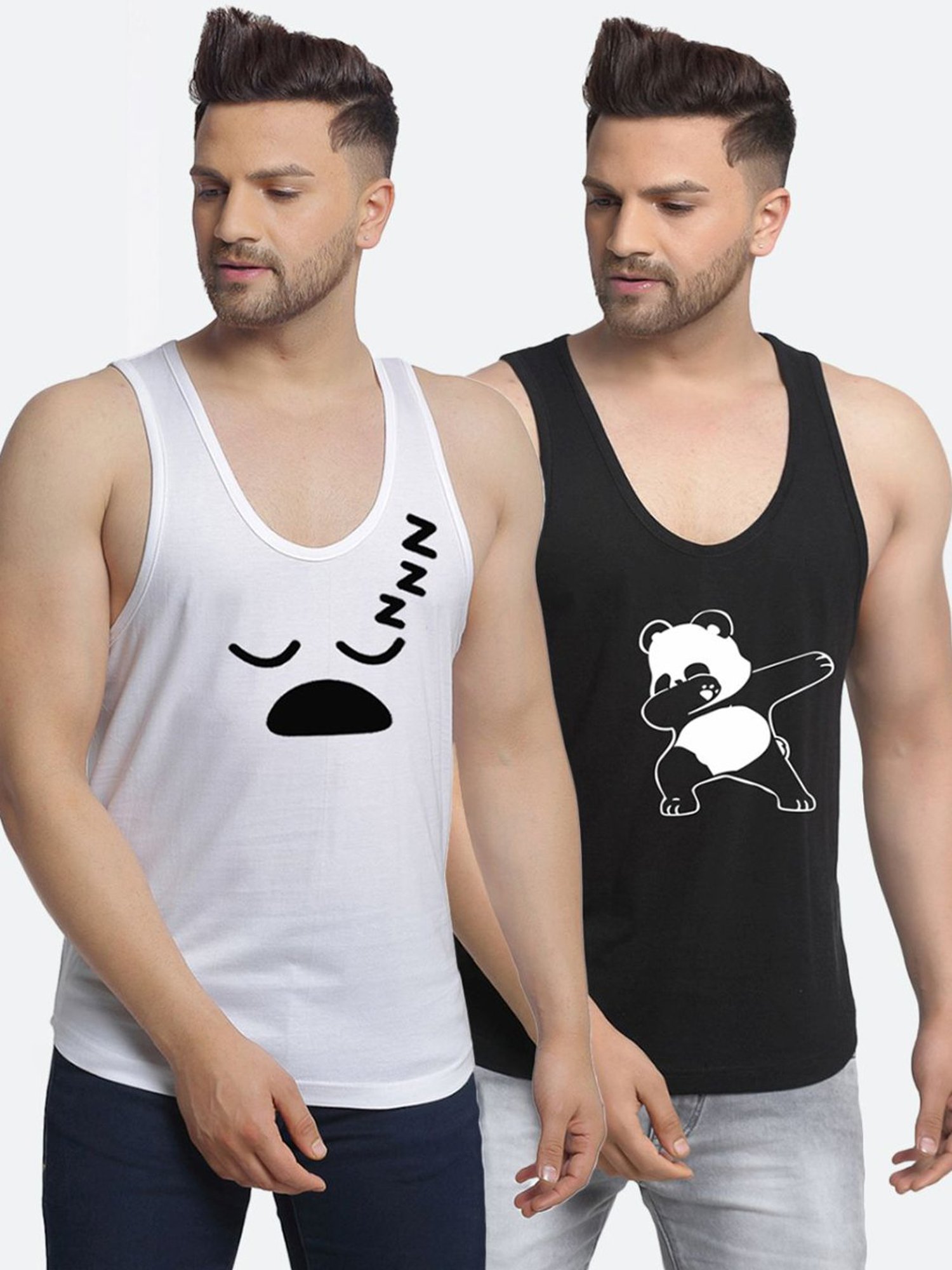 Friskers Multi Cotton Slim Fit Printed Gym Vest - Pack of 2