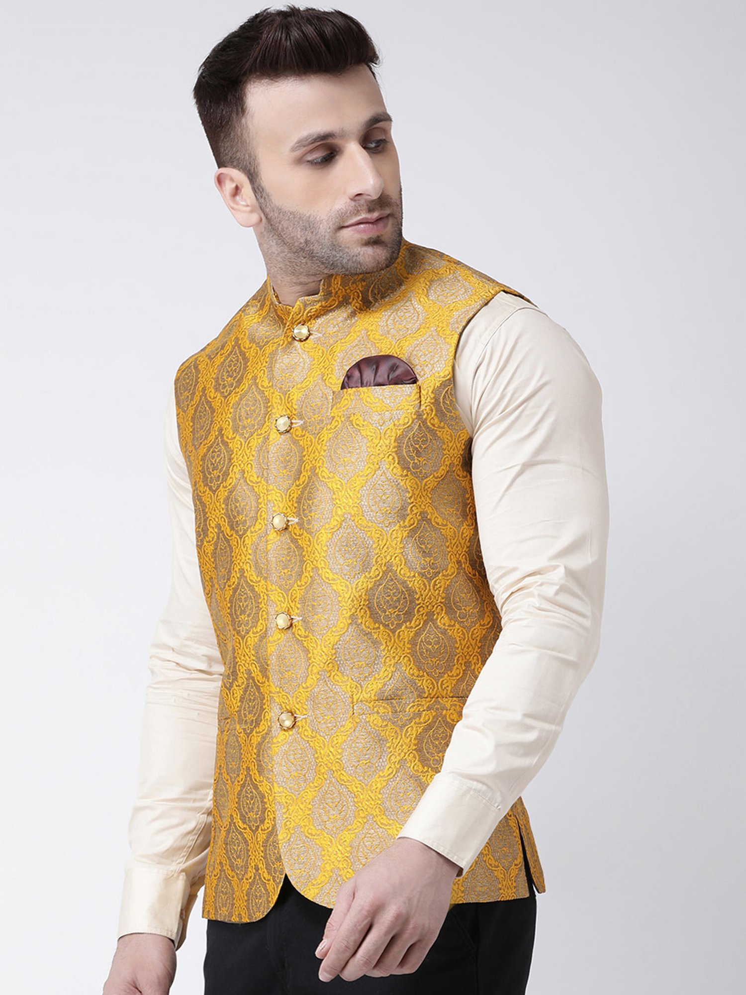 Hangup Plus Mustard Regular Fit Jacquard Nehru Jacket