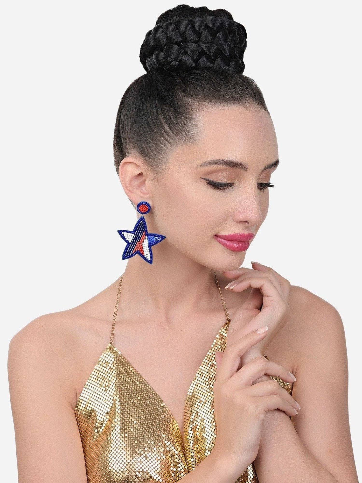 Zaveri Pearls Blue Red Beads Embellished Contemporary Hand Crafted Star Drop Earring-ZPFK15630