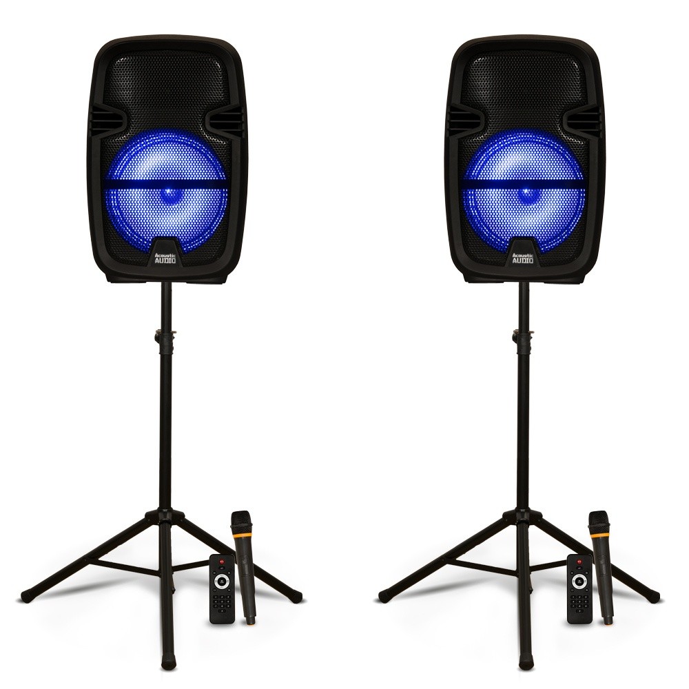 Acoustic Audio PRTY82 Battery Powered 8" Bluetooth LED Speakers with Wireless Mics and Stands