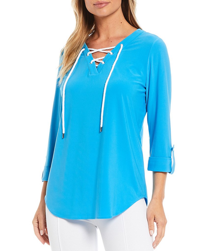 Slim Factor By Investments 3/ 4 Roll-Tab Sleeve V-Neck Lace Up Top