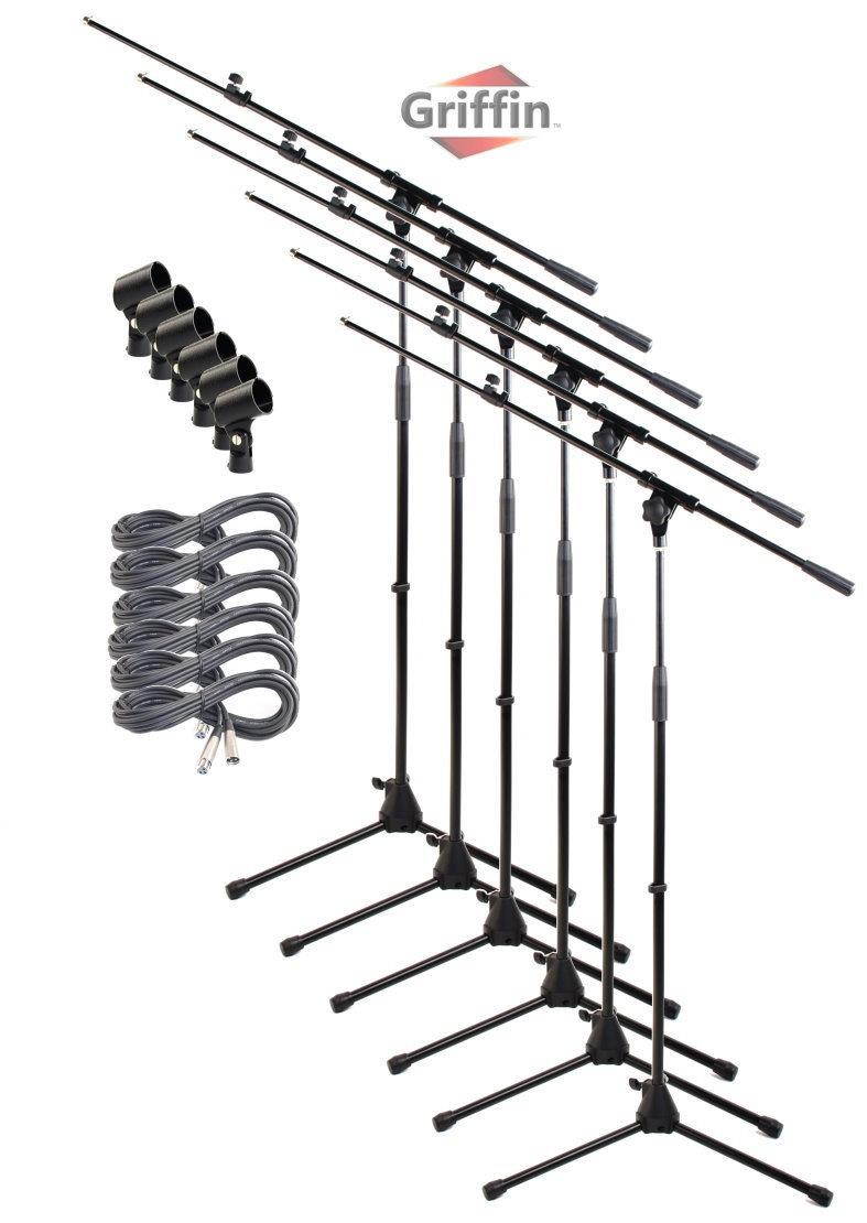 GRIFFIN Microphone Boom Stand (Pack of 6) with XLR Cables & Mic Clip | Telescopic Arm Tripod Legs for Studio Recording Accessories, Singing Vocal Karaoke, DJ Live | 20ft Pro Audio Mic Cord 20 AWG Wire