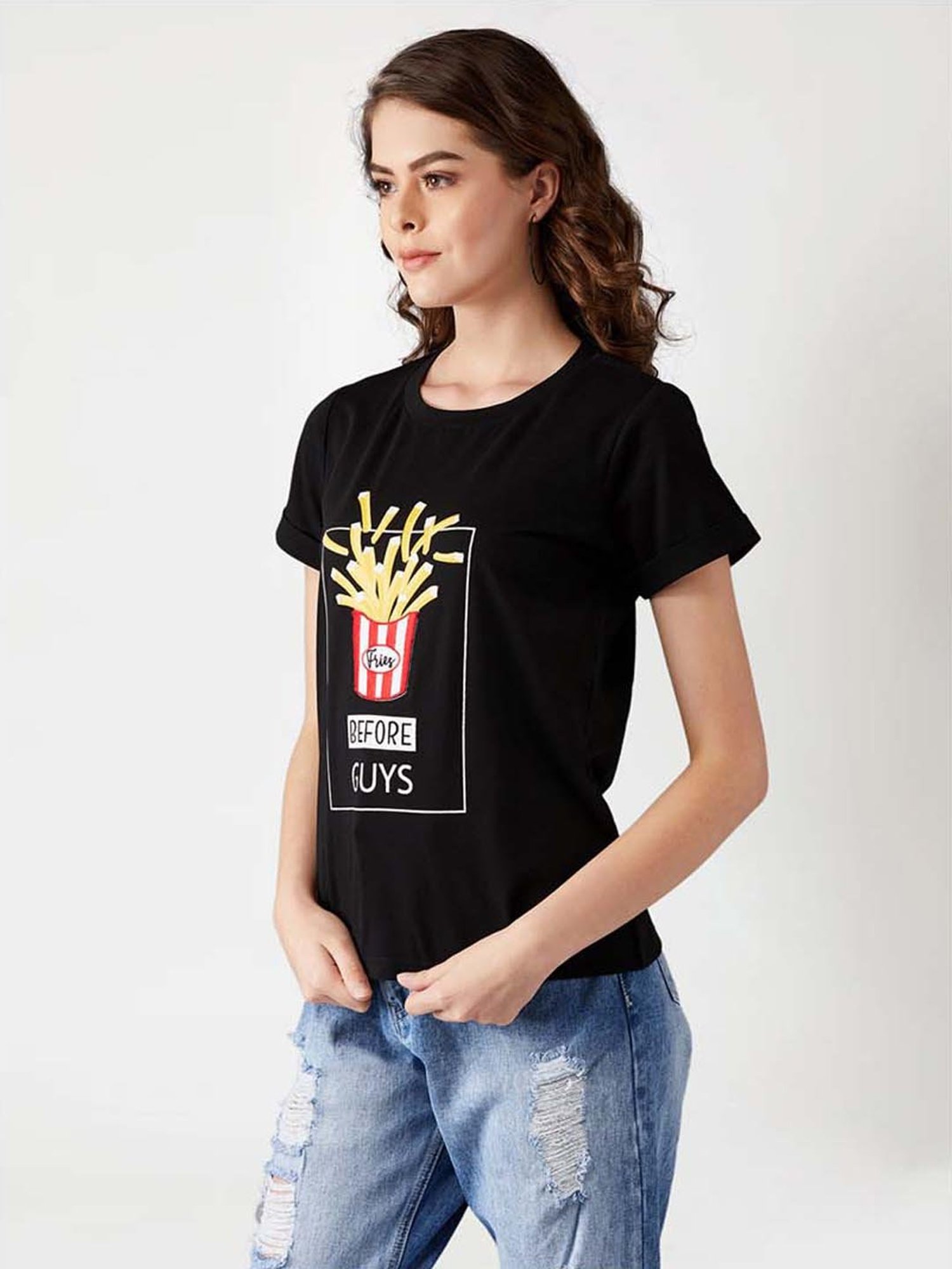 Miss Chase Black Cotton Printed T-Shirt